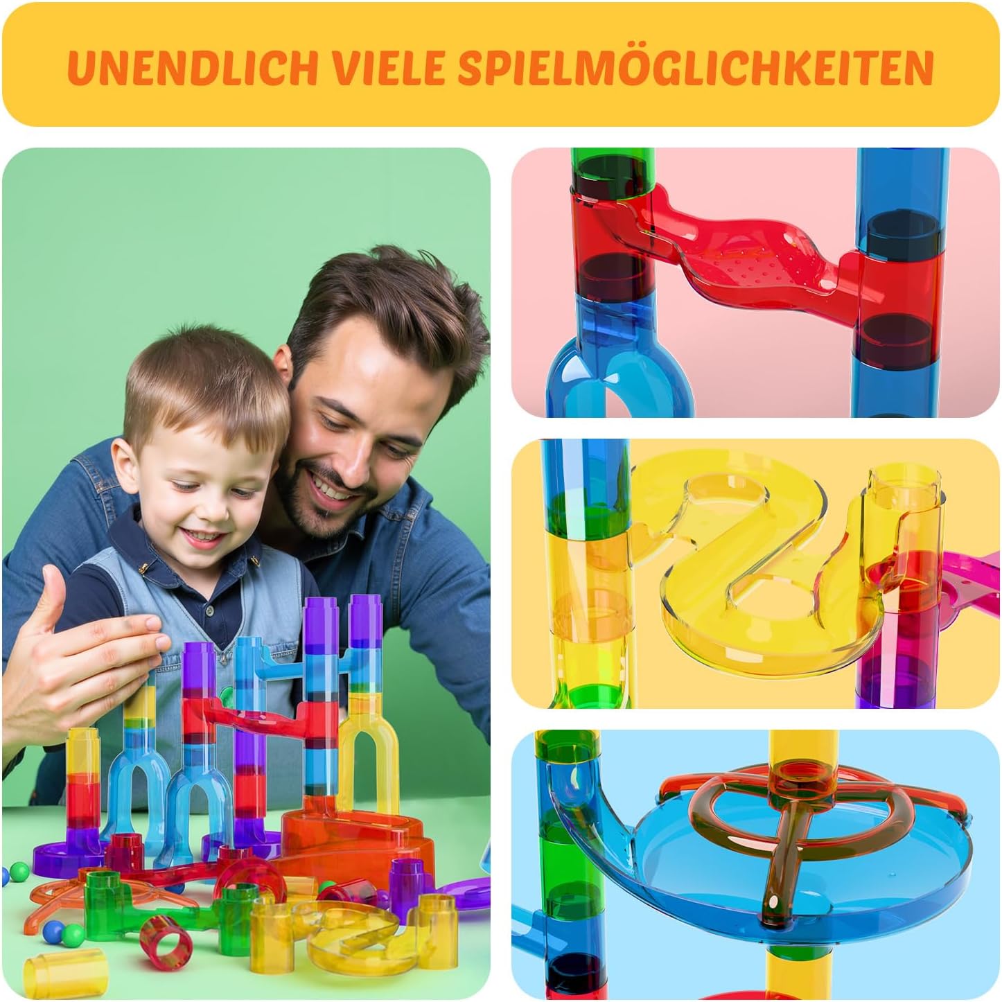Thumbnail 2 de Murmelbahn Logikspiele Mehrfarbige Kugelbahn (109 Teile) mit transparenten Bahnelementen – STEM Marble Rush Doppelspiel