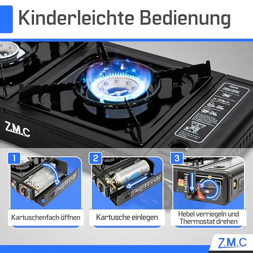 Detalle de Z.M.C Gaskocher Campingkocher 2-flammig 2,5 kW – inkl. 12x 227 g Kartuschen und Adapter