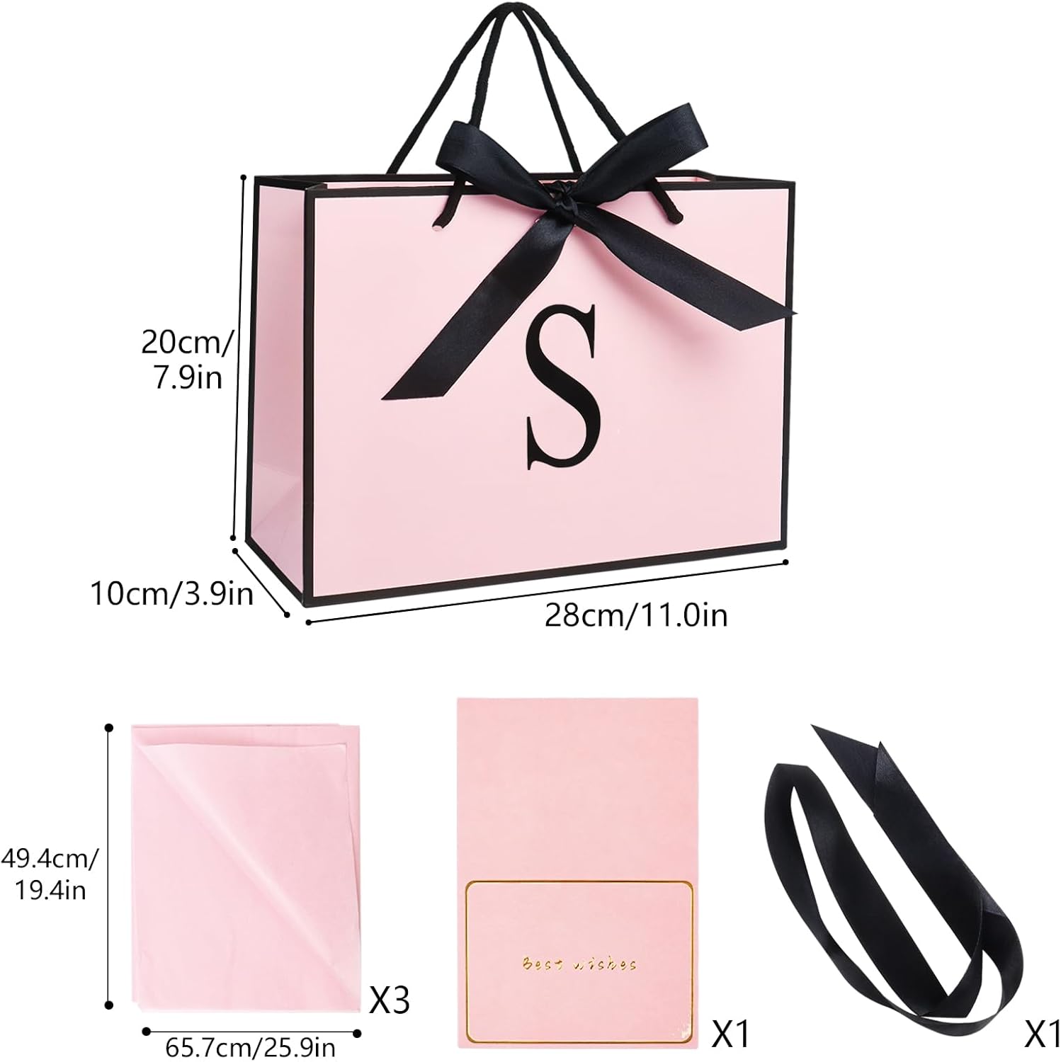 Thumbnail 1 de Pink Gift Bags with Tissue Paper and Card – Initial Design Gift Set (28×20×10 cm)