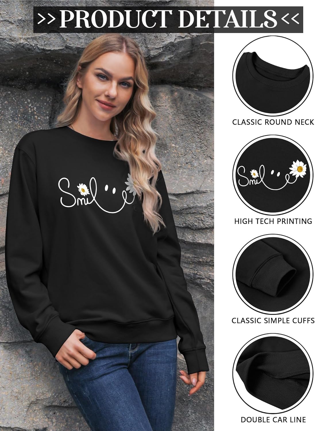 Detalle 2 de Yihelian Damen Sweatshirt mit Gänseblümchen Muster – Weicher Baumwollpullover im Oversize, Rundhals