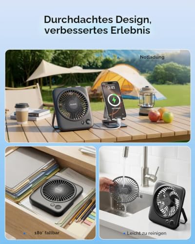 Detalle 2 de Otlonpe Tischventilator Leise mit 4000mAh Akku – Tragbar, USB-kompatibel & 23h Laufzeit