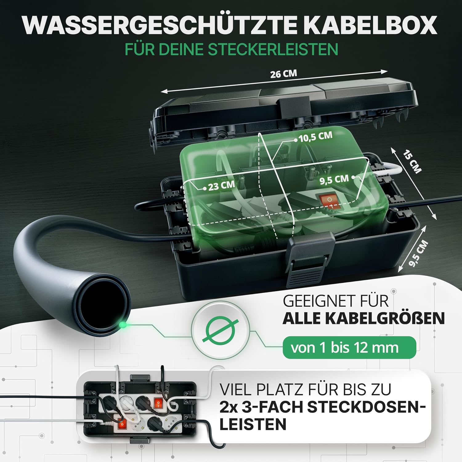 Detalle 2 de Adlerfokus wasserdichte Kabelbox IP54 „Das Original“ – Outdoor-Sicherheitsbox für Steckerschutz