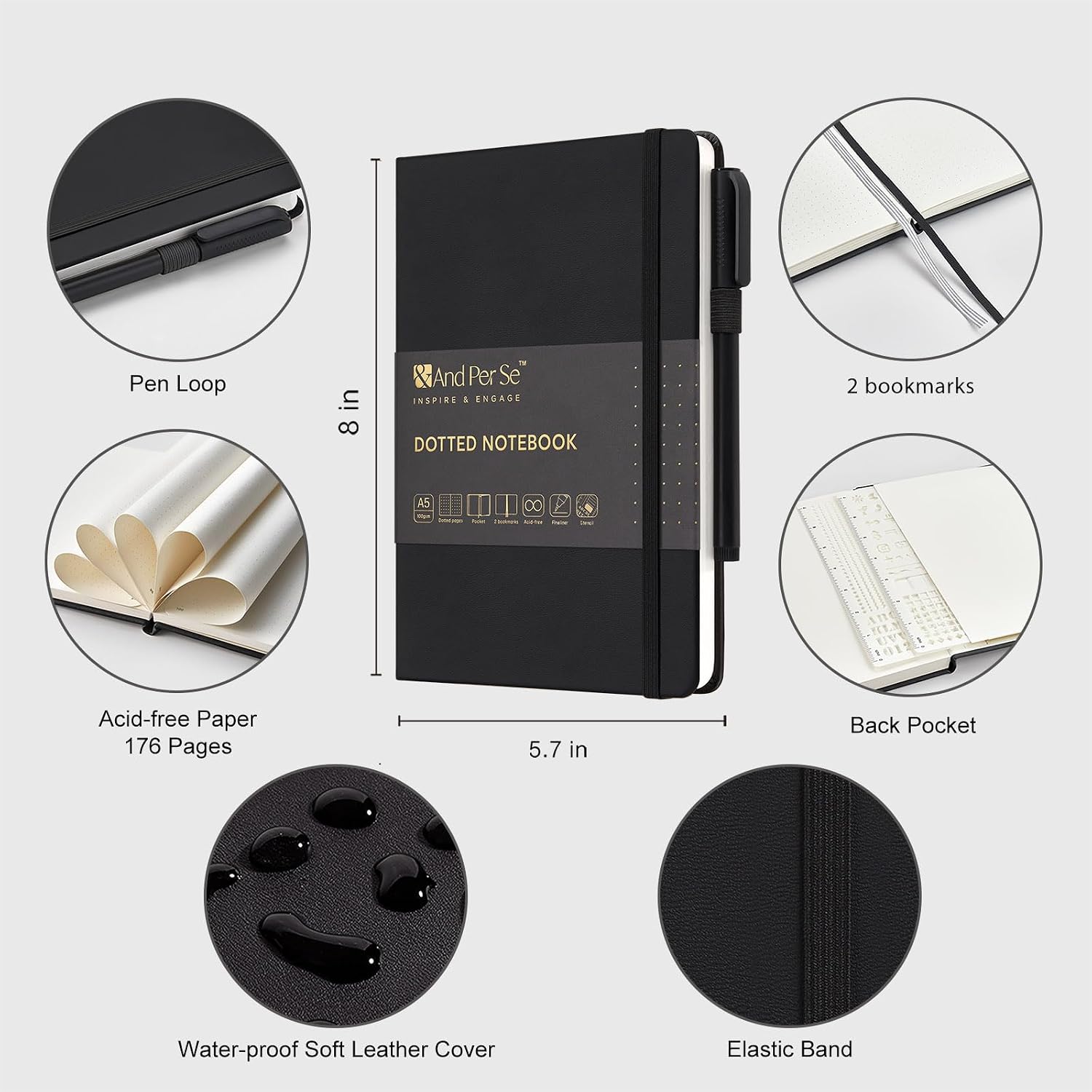 Detalle 2 de &And Per Se HEN-03 A5 Dotted Journal Set, 100 gsm Paper, Black Hardcover
