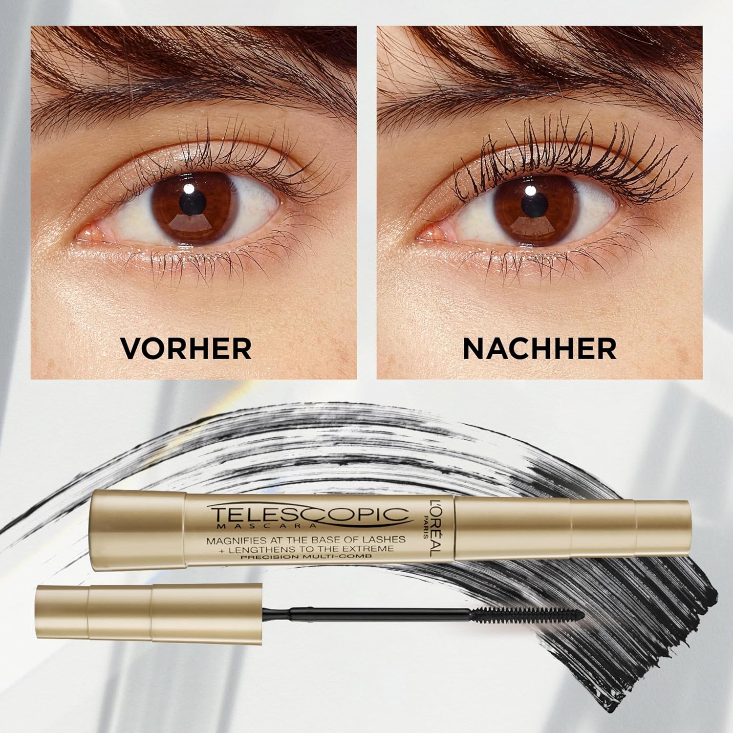 Detalle de L’Oréal Paris False Lash Telescopic Gold Mascara Schwarz – präzise getrennte, verlängerte Wimpern (8 ml)