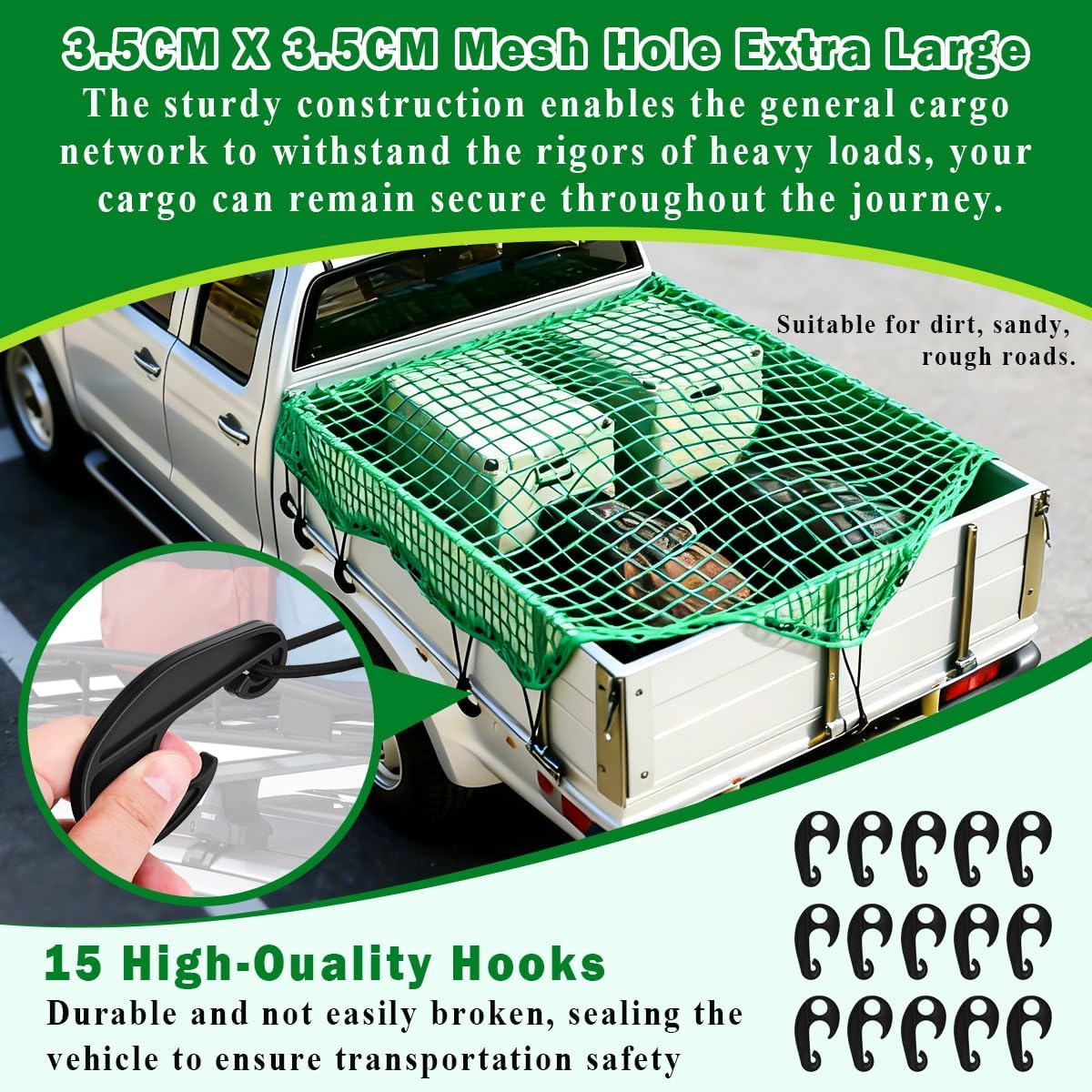 Thumbnail 2 de LUKYLUM Cargo Net for Pickup Truck 1.5x2.2m – Heavy-Duty Netting with 15 Hooks and 10m Elastic Rope