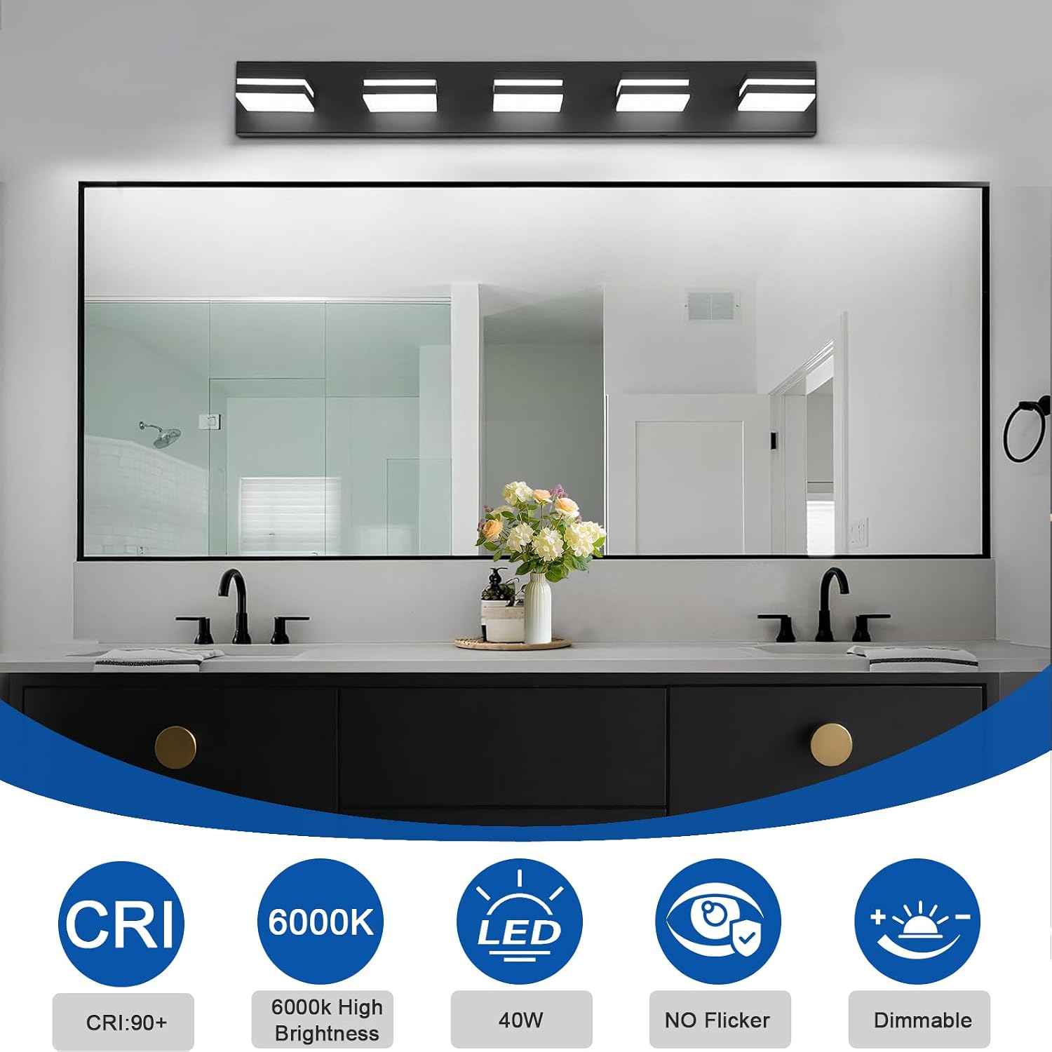 Detalle 2 de IZORRO LED Modern Bathroom Lights Fixtures (5-Light, Dimmable, 360° Rotate) — Matte Black Vanity Lights for Over Mirror (30In, 6000K, No Assembly Required)