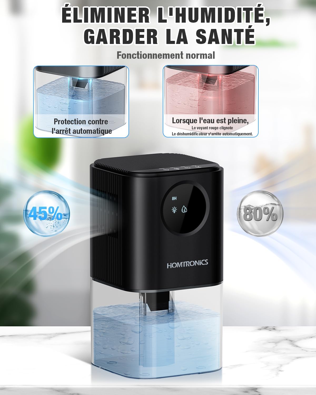 Detalle 1 de Homtronics HTNDEKDM02B-N3 luchtontvochtiger, 1,7 l, zwart met 7-kleurenlicht
