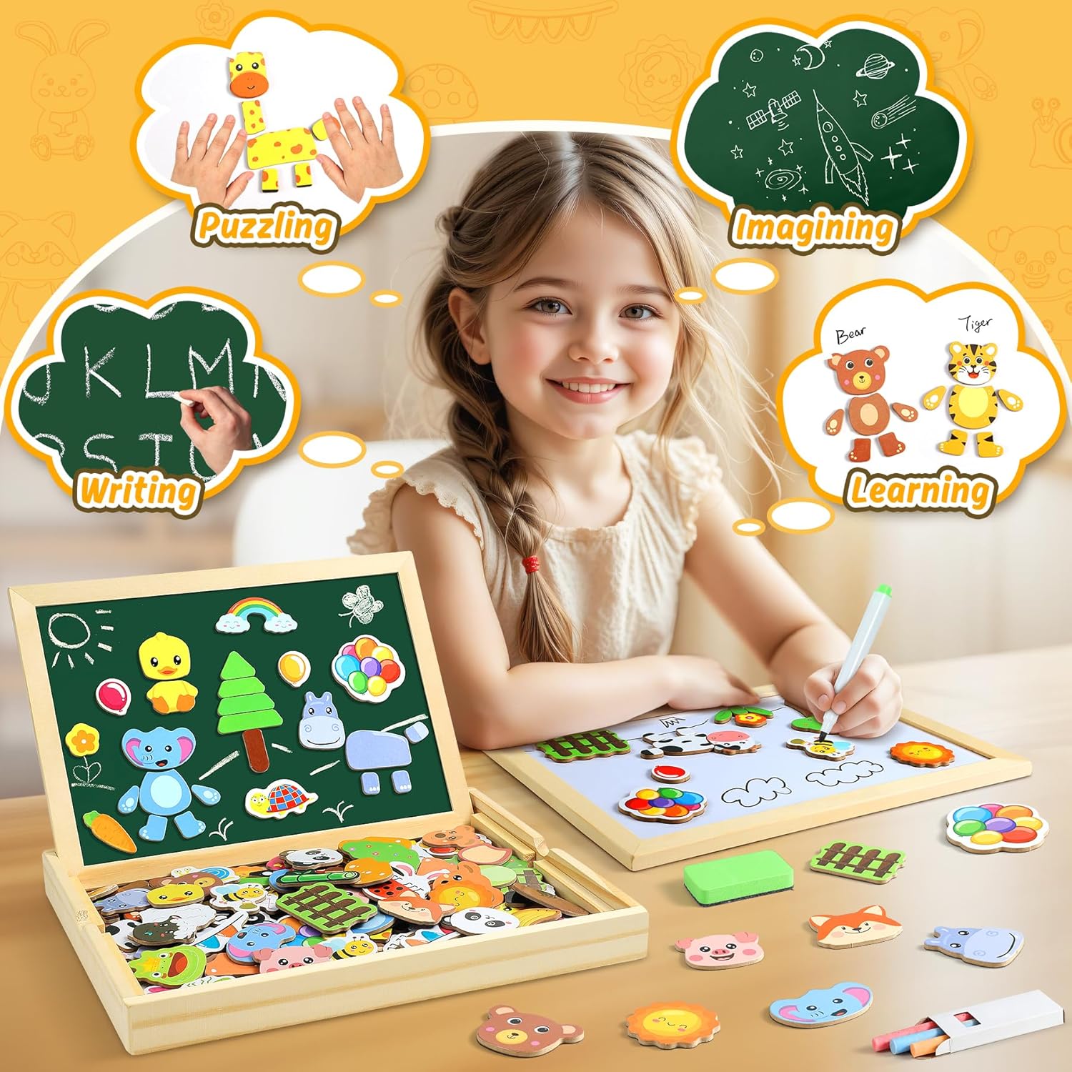 Detalle de COOLJOY magnetisches Holzpuzzle mit Magnettafel (120+ Teile) für Kinder ab 2–3 Jahren