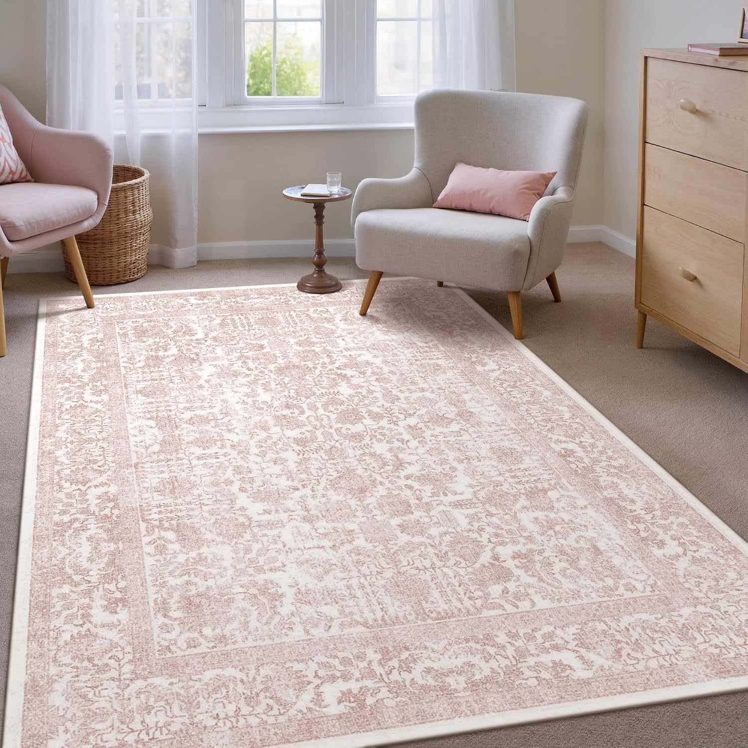 Detalle de HUGEAR Vintage Pink Low Pile Washable Non-Slip Area Rug 180x270cm