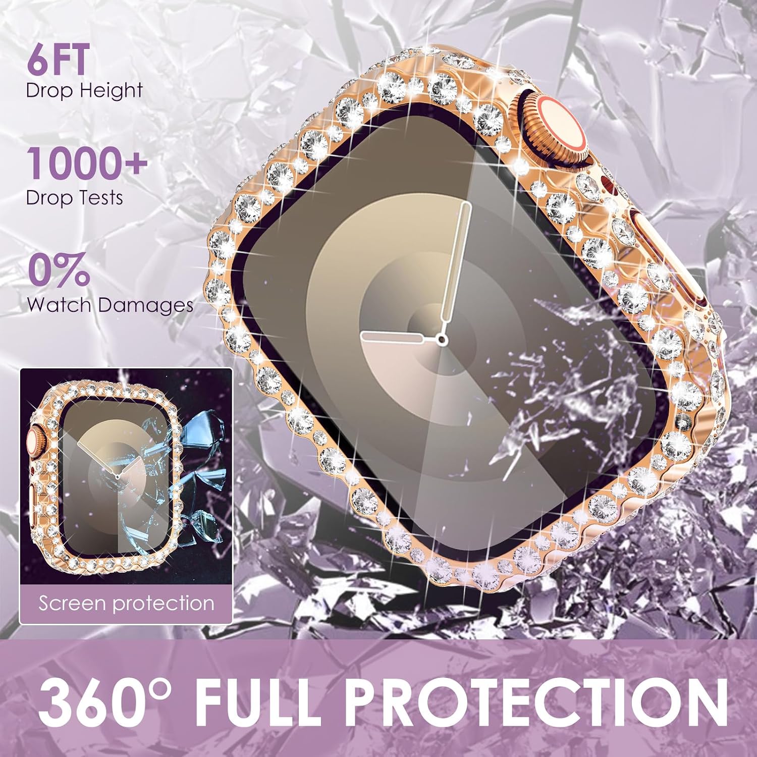 Detalle de Fullife 2 in 1 Waterproof Bling Case & 9H Tempered Glass Screen Protector for Apple Watch 45mm (Series 9/8/7) – Rosegold