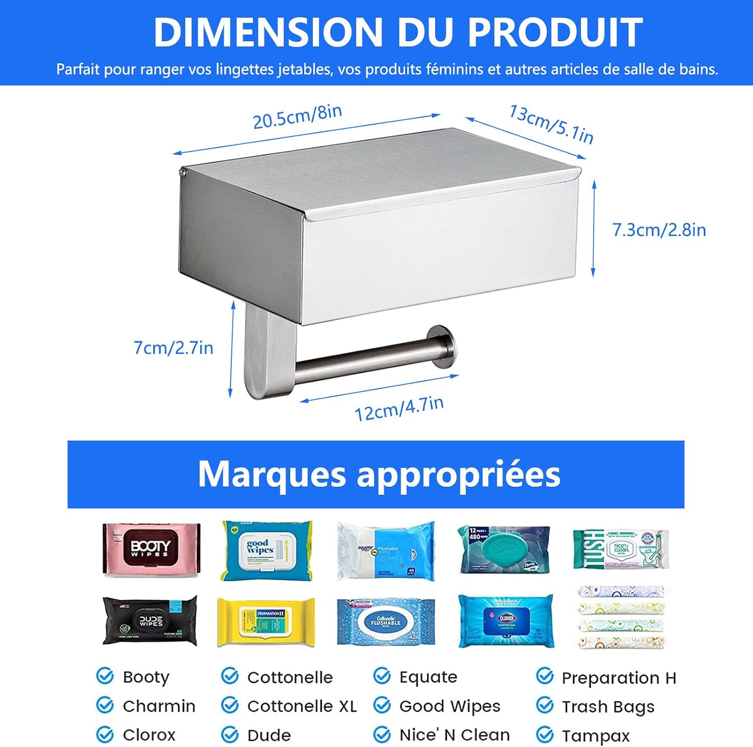 Detalle de Porte-Papier Toilette mural GUIGUZI avec étagères et boîte à lingettes – Argent