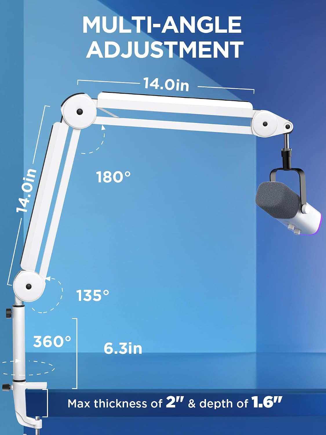Thumbnail 6 de InnoGear MU-PSA28W Microphone Boom Arm, White, Cable Channels, 32.3-Inch Reach