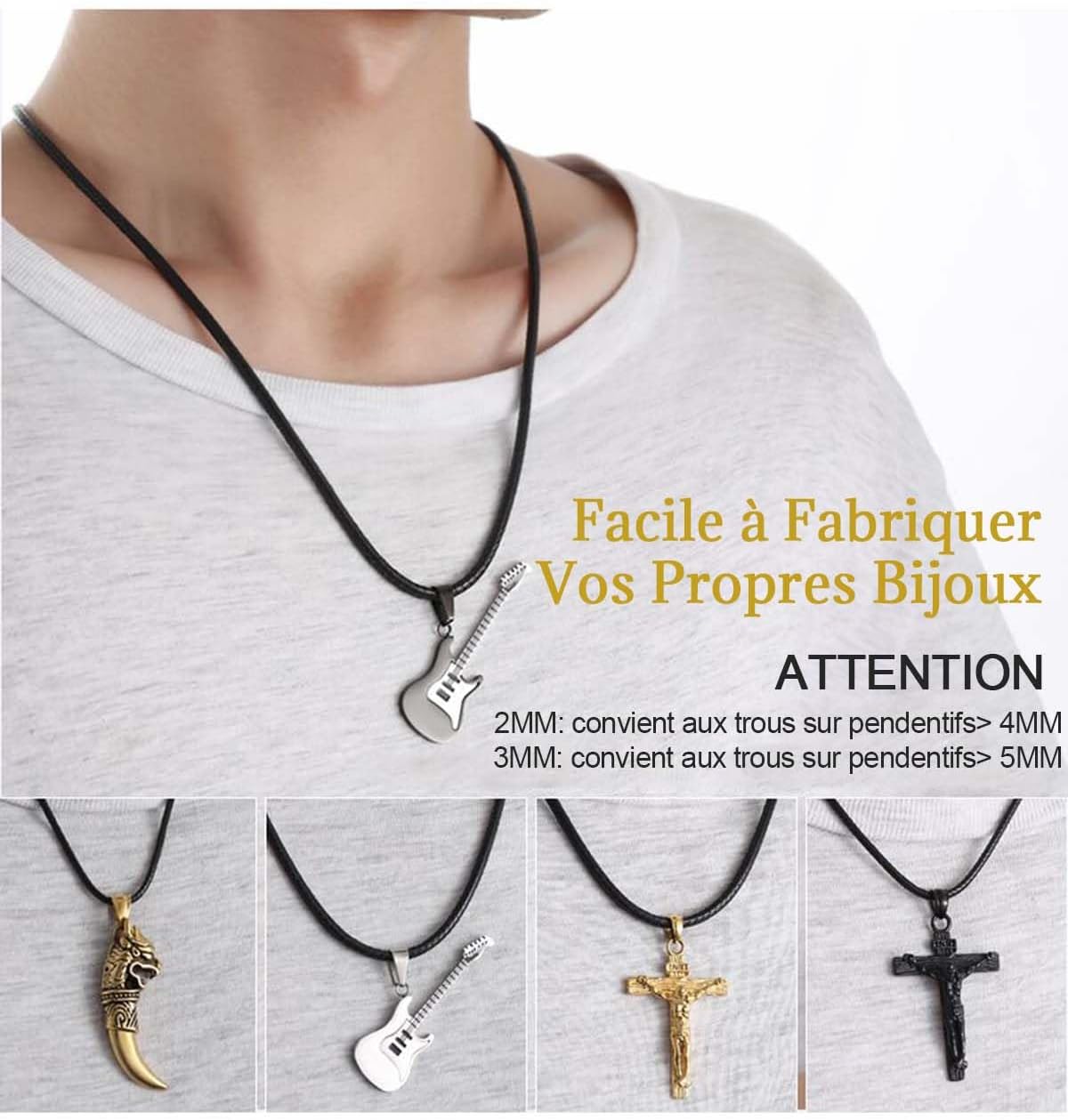 Thumbnail 6 de ChainsHouse Chaîne Collier Cuir Homme – Cordon de Cire 2 mm, 41–76 cm, Marron/Noir, Fermoir inox 316L