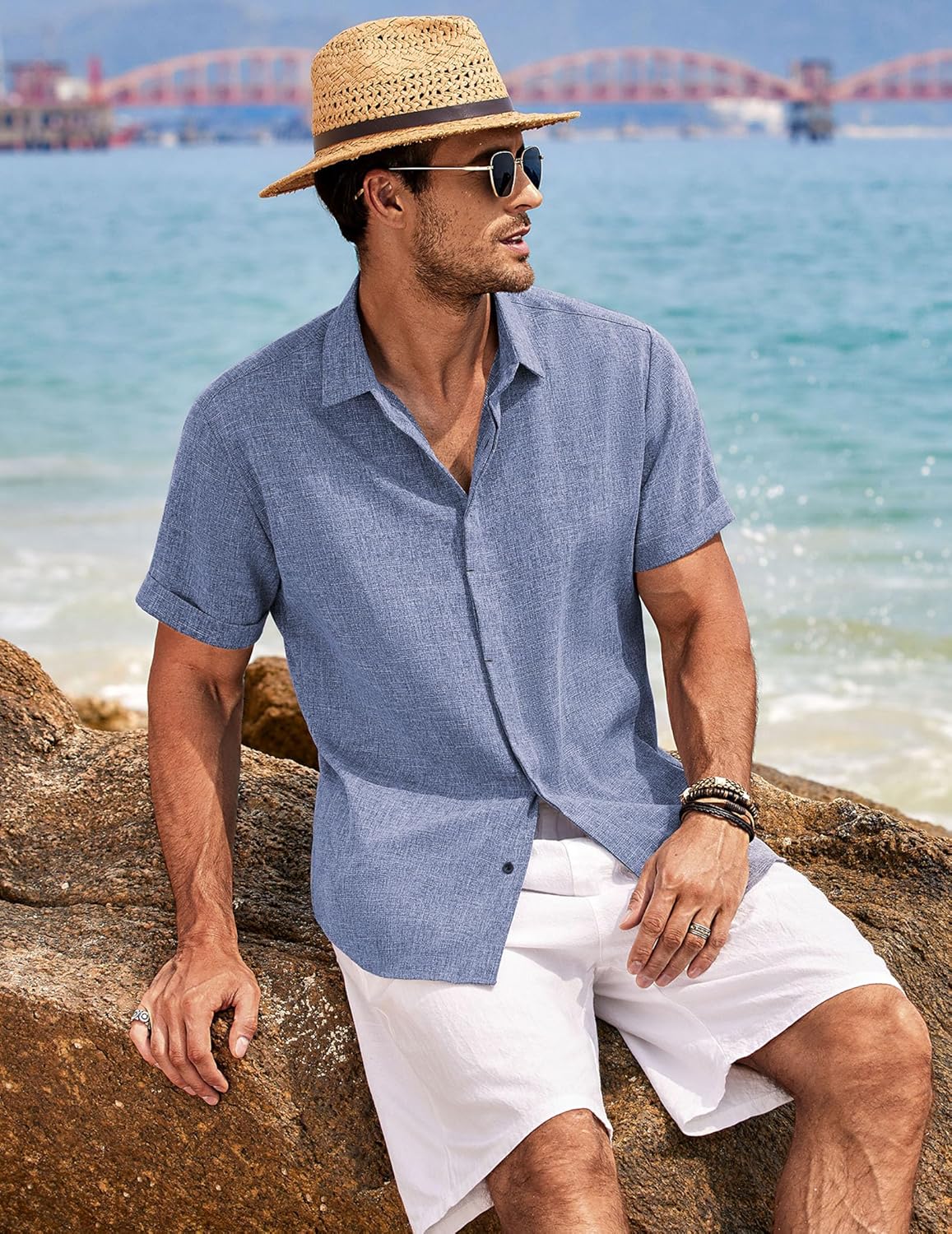 Thumbnail 3 de COOFANDY Linen Short Sleeve Button-Down Shirt