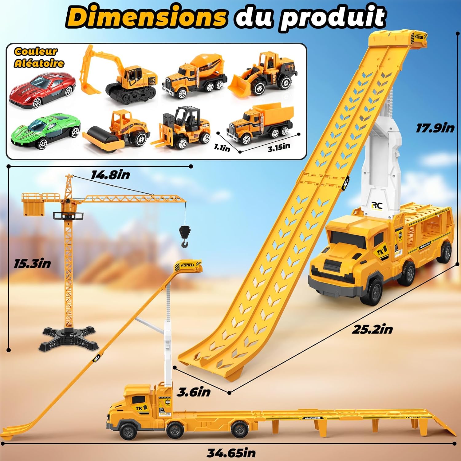 Thumbnail 5 de EUCOCO Transporteur Voiture Enfants 3D – Camion de construction avec 8 mini voitures, jeu 3 en 1 (2 pistes intégrées) pour garçons 3–8 ans