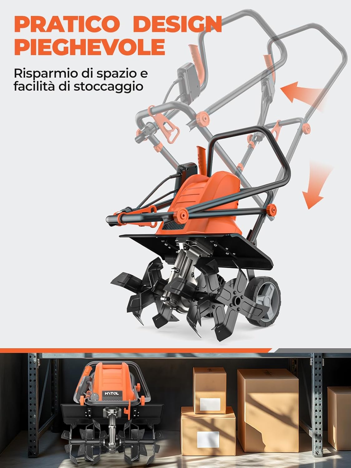 Detalle 2 de MYTOL Motozappa 1500W – 45 cm di Lavoro, 6×4 Denti in Acciaio, Manico Pieghevole