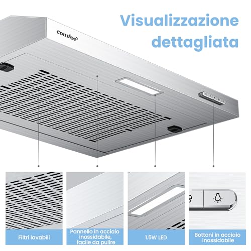 Detalle de COMFEE Cappa Aspirante 60 cm Sottopensile 200 m³/h, 3 Velocità, Argento
