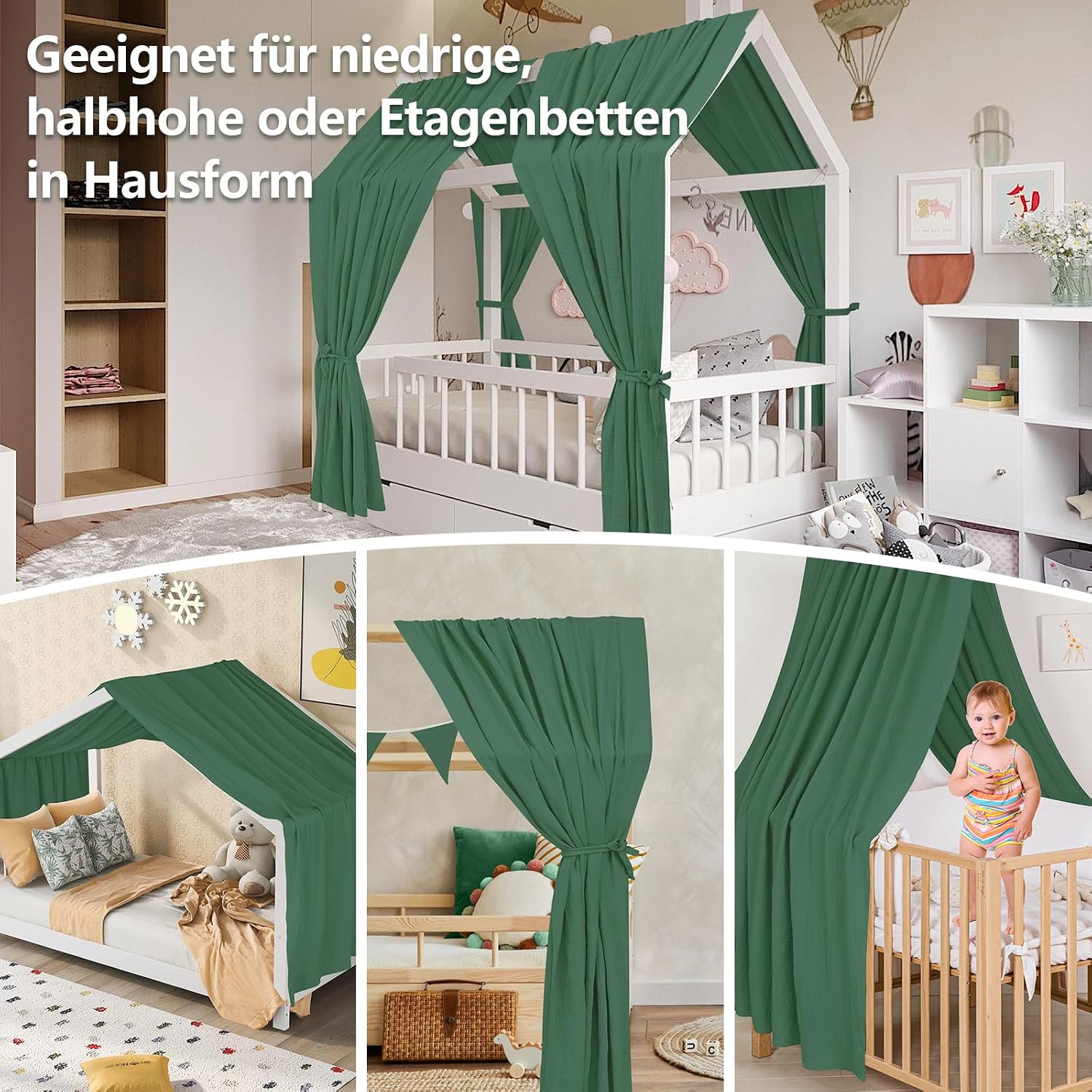Thumbnail 6 de Alishomtll Hausbett Himmel Deko Set – 2 Betthimmel 135x320 cm, 100% Baumwoll-Musselin, Grün