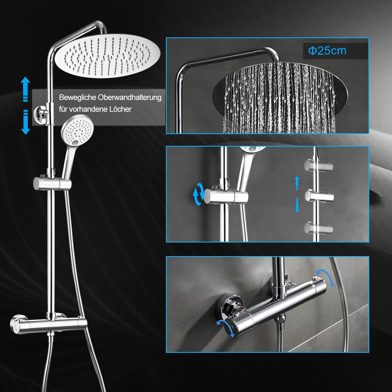 Detalle de JOHO Edelstahl Duschset mit Thermostat, Regendusche 25 cm (D25) und Handbrause