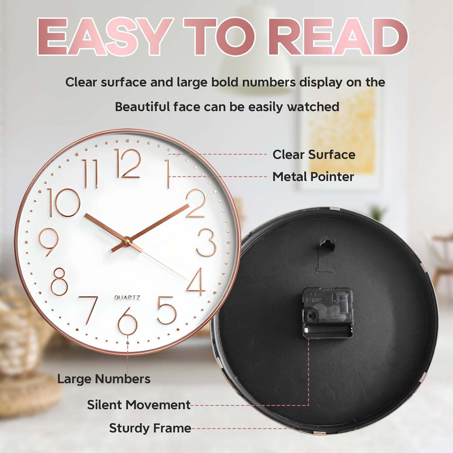 Detalle de Delgeo Modern Silent Wall Clock 25-30cm – Minimalist Rose Gold