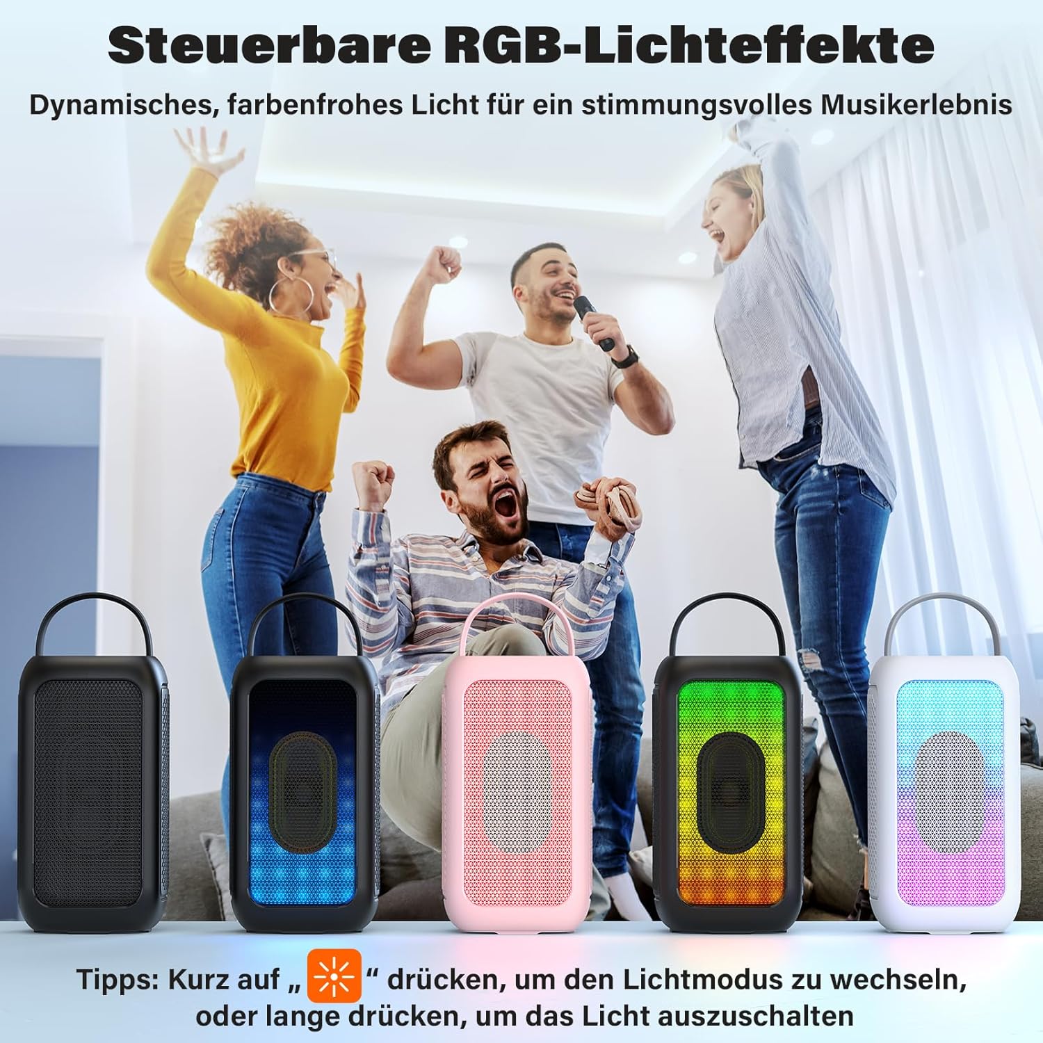 Thumbnail 5 de Bobtot Tragbarer Bluetooth-Lautsprecher mit Mikrofon, 16 Stunden Akku, Karaoke-Effekt, RGB-Beleuchtung und EQ-Modi