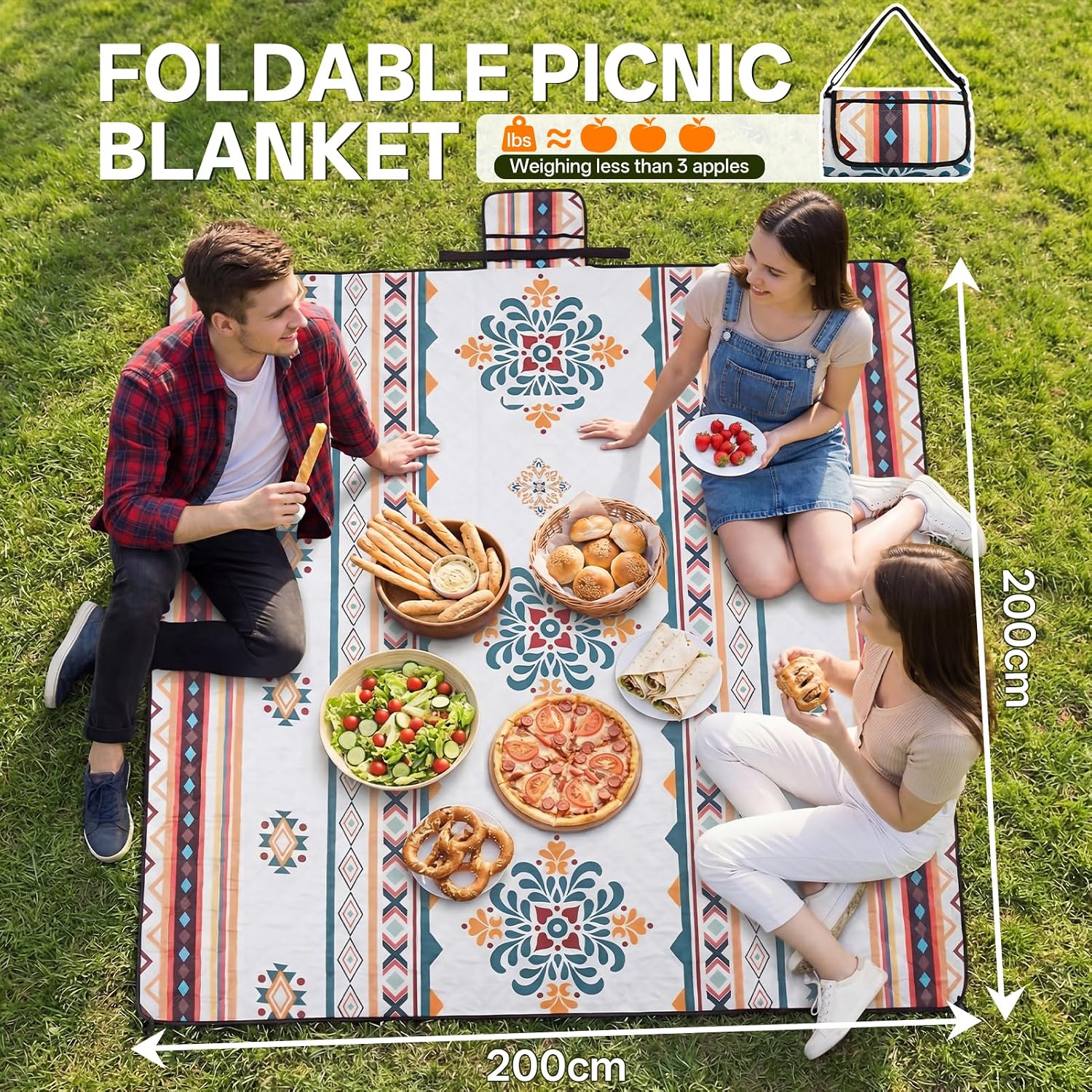 Detalle de HAUSPROFI Waterproof Picnic Blanket – 200 x 200 cm (Large) with Carrying Handle