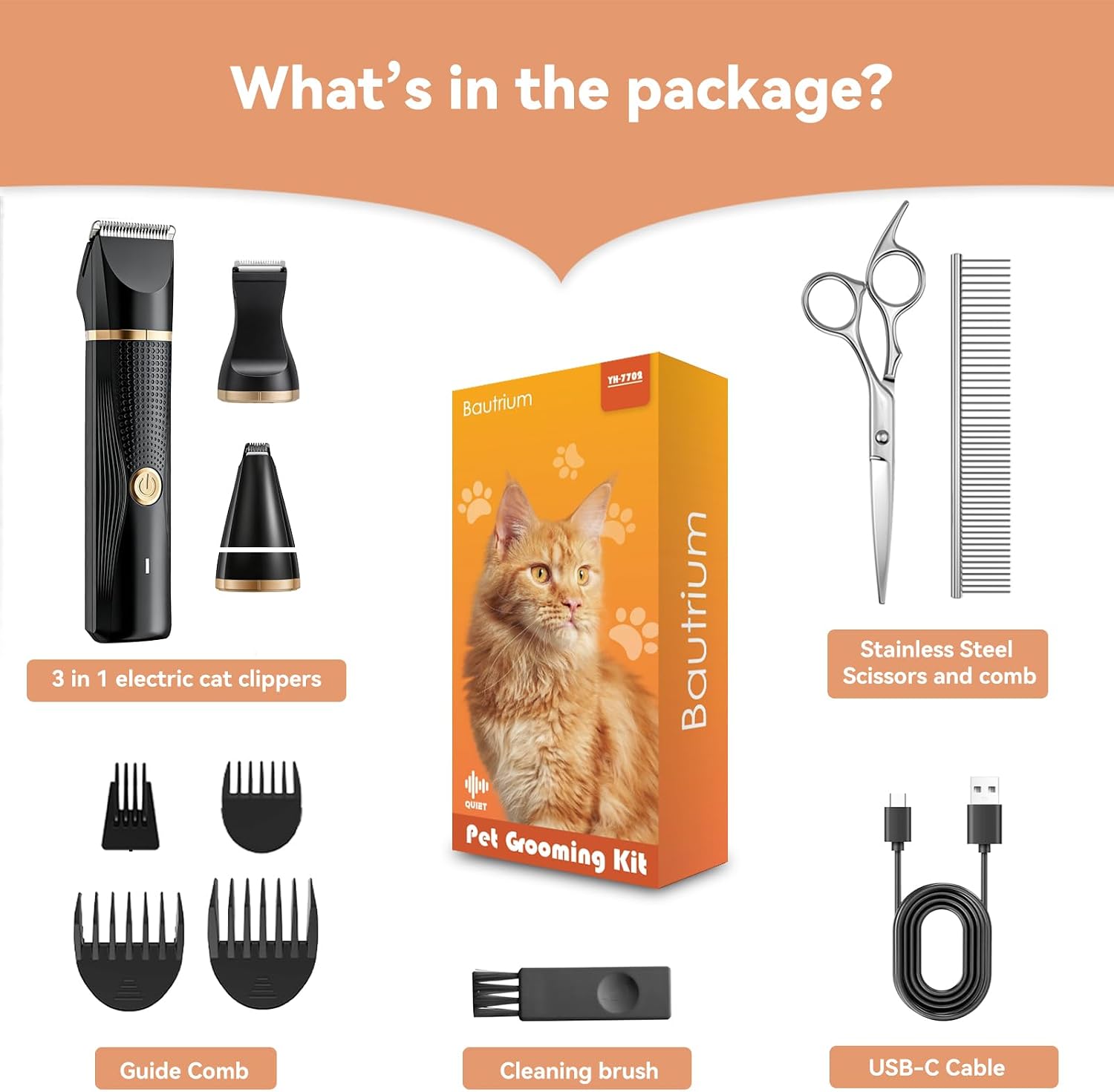 Detalle de BAUTRIUM Cat Grooming Clippers Kit: Low-Noise, 3-in-1 Grooming for Cats and Small Pets