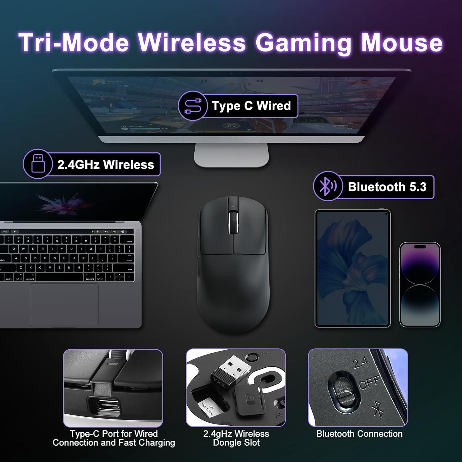 Thumbnail 3 de MIKIBY R1 SE+ Gaming Mouse — 18000 DPI, PAW3395 SE Sensor, 55g, Tri-Mode USB-C/2.4G/BT5.0, Programmable Ergonomic
