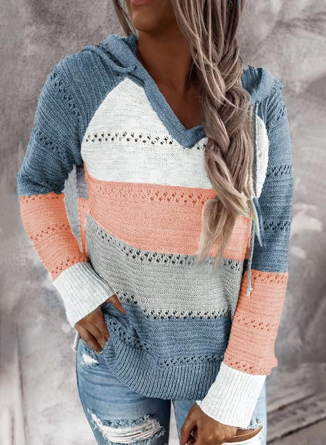 Detalle 2 de BLENCOT Women Color Block Crochet Hoodie sweater