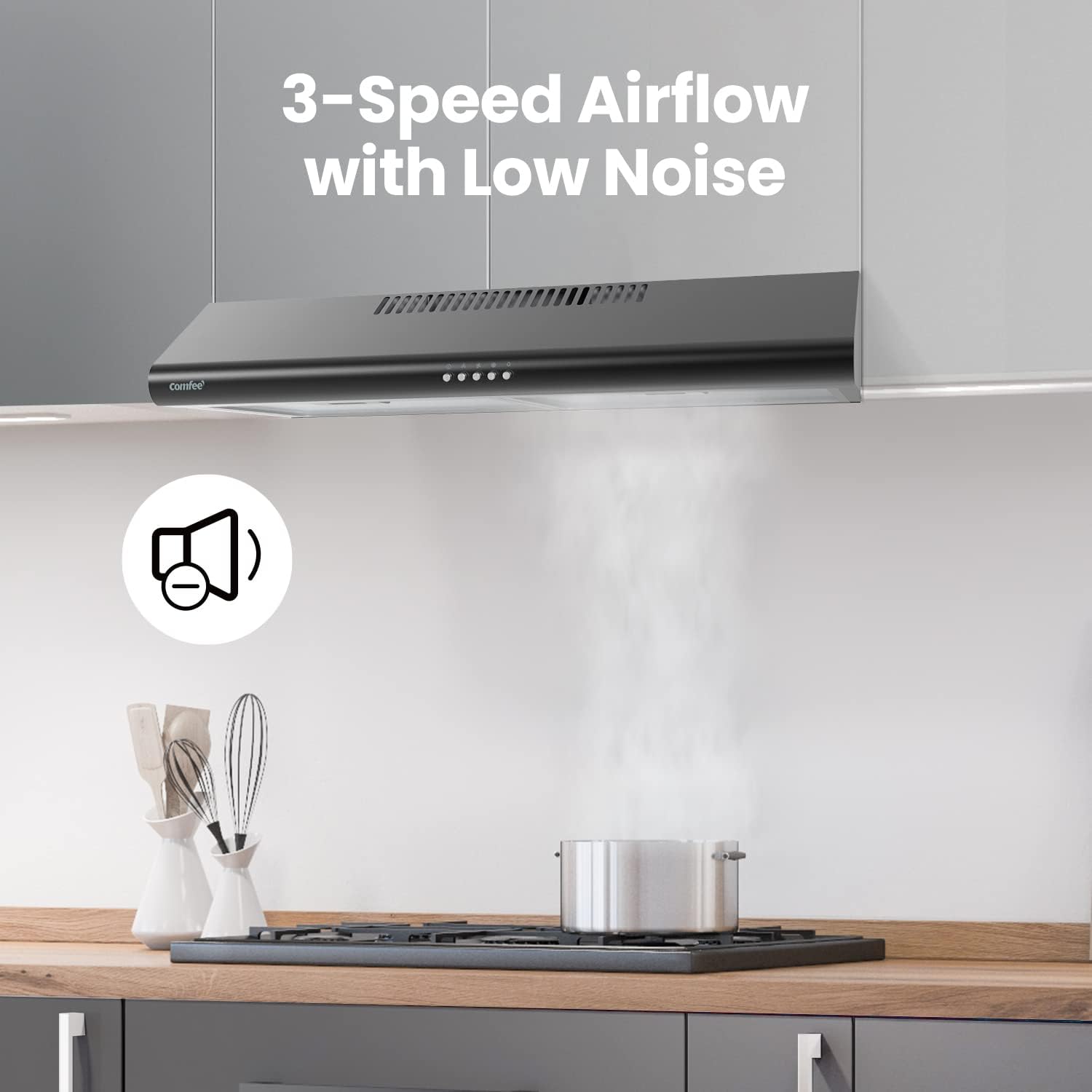 Detalle de COMFEE' CVU30W4ABB 30-Inch Under-Cabinet Range Hood, Convertible, 3-Speed