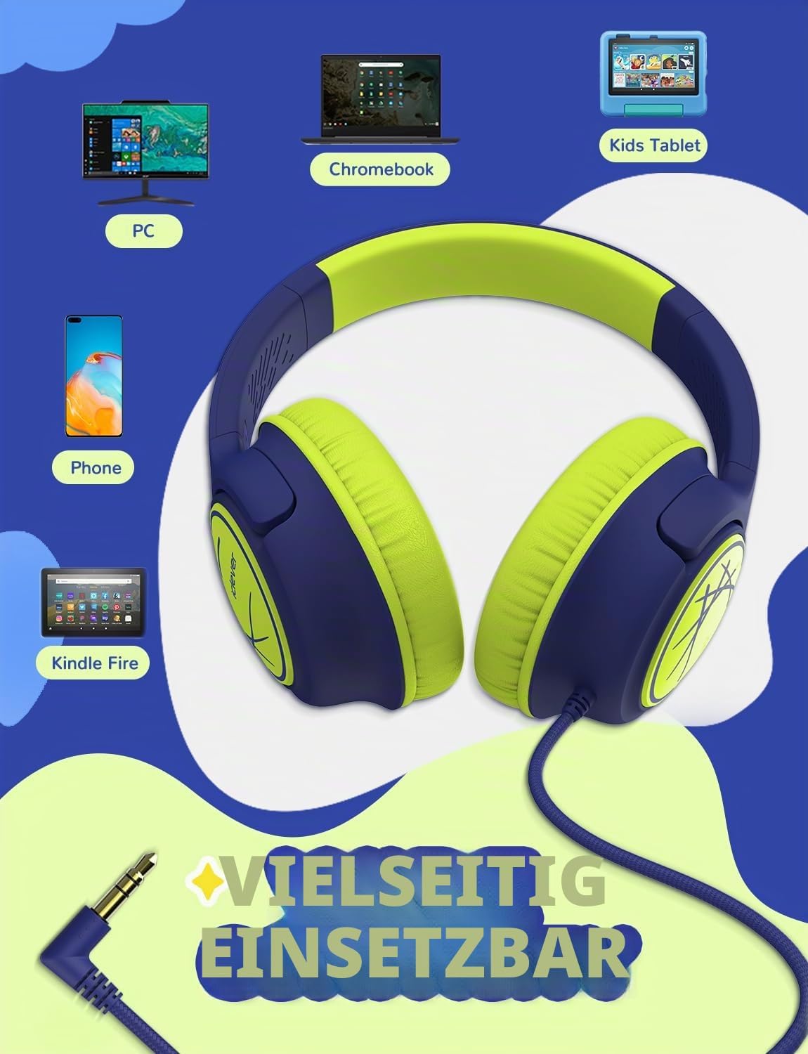 Thumbnail 5 de iClever Kinderkopfhörer mit Kabel (85 dBA) – faltbar, Stereo-Sound, 3,5-mm für iPad & Tablets, Blau-Grün