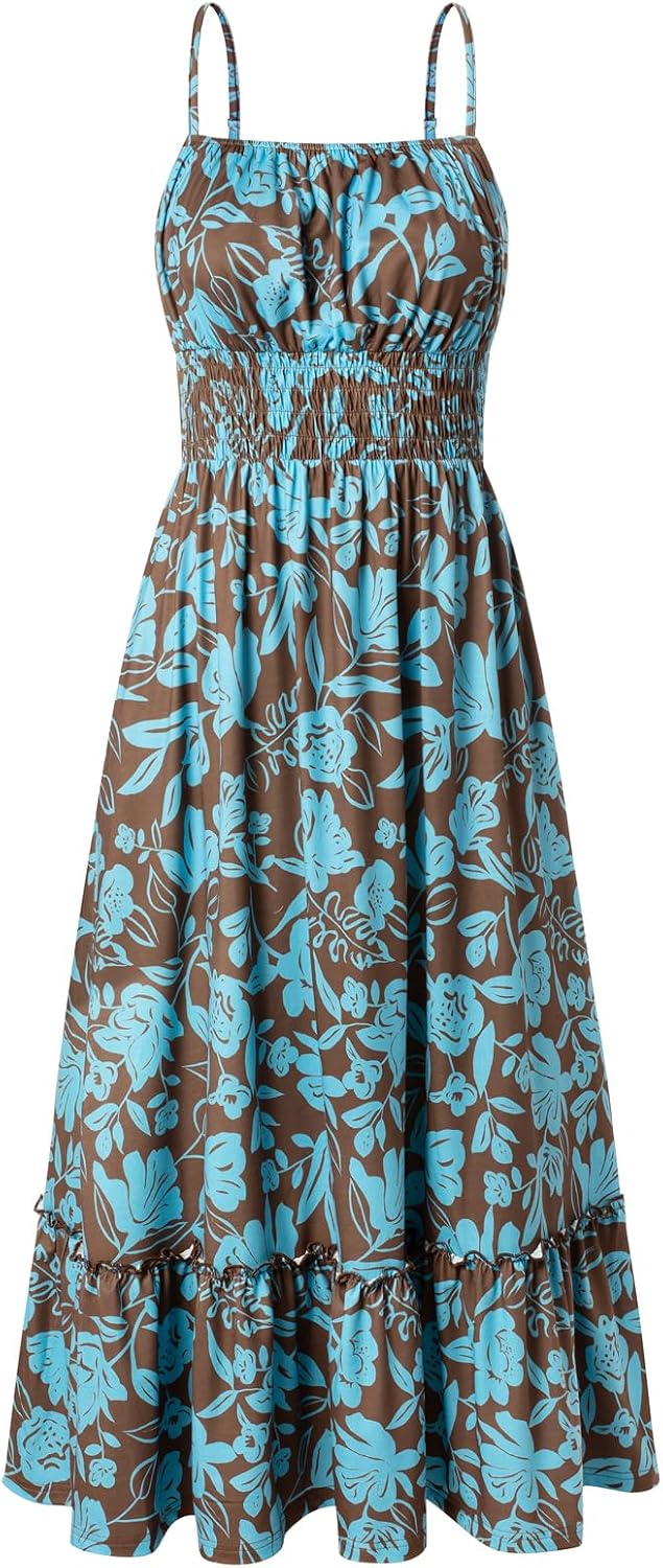 Detalle de GRACE KARIN Summer Dresses for Women 2026 Smocked Floral Maxi Dress with Pockets