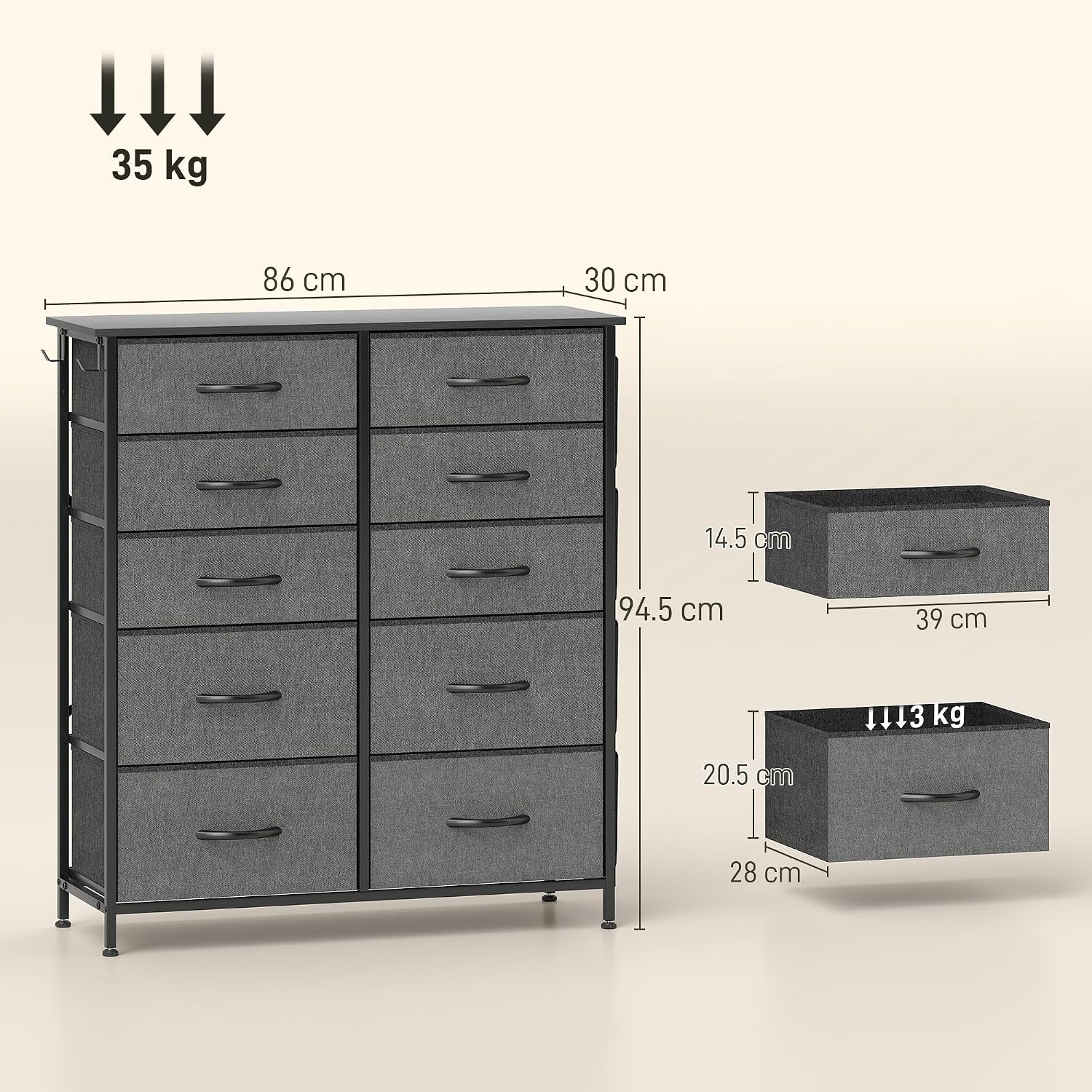 Detalle de HOMCOM 83D-064V03GY Fabric Chest of Drawers, 10 Drawers, Charcoal Grey