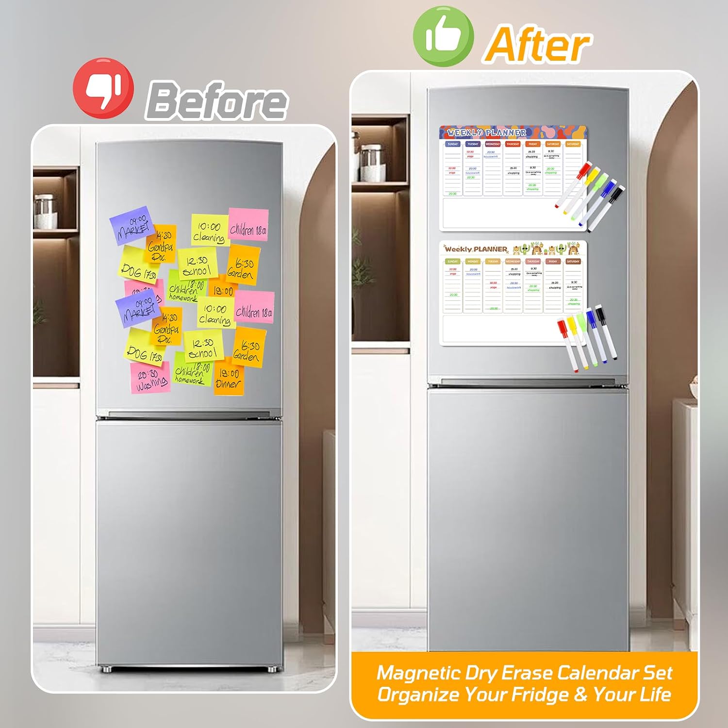 Detalle de 2er-Set magnetischer Wochenplaner Whiteboard 42 × 30 cm – Familien- und Haushaltsplaner für Kühlschrank, Putzplan, To‑Do-Liste