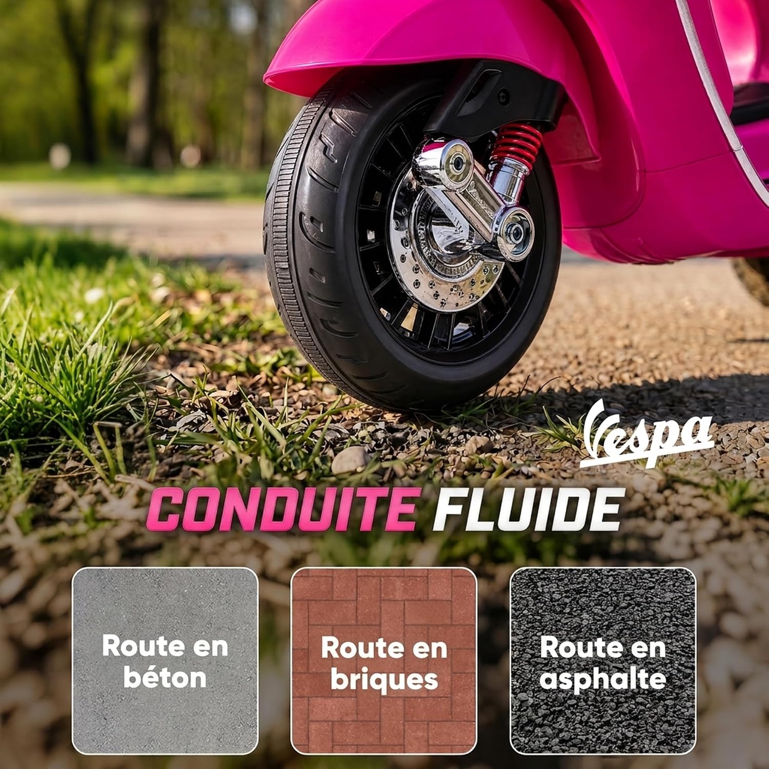 Detalle 2 de AIYAPLAY 370-320V90DG Vespa-kinderstep, 6 V, roze, met FM-radio en USB