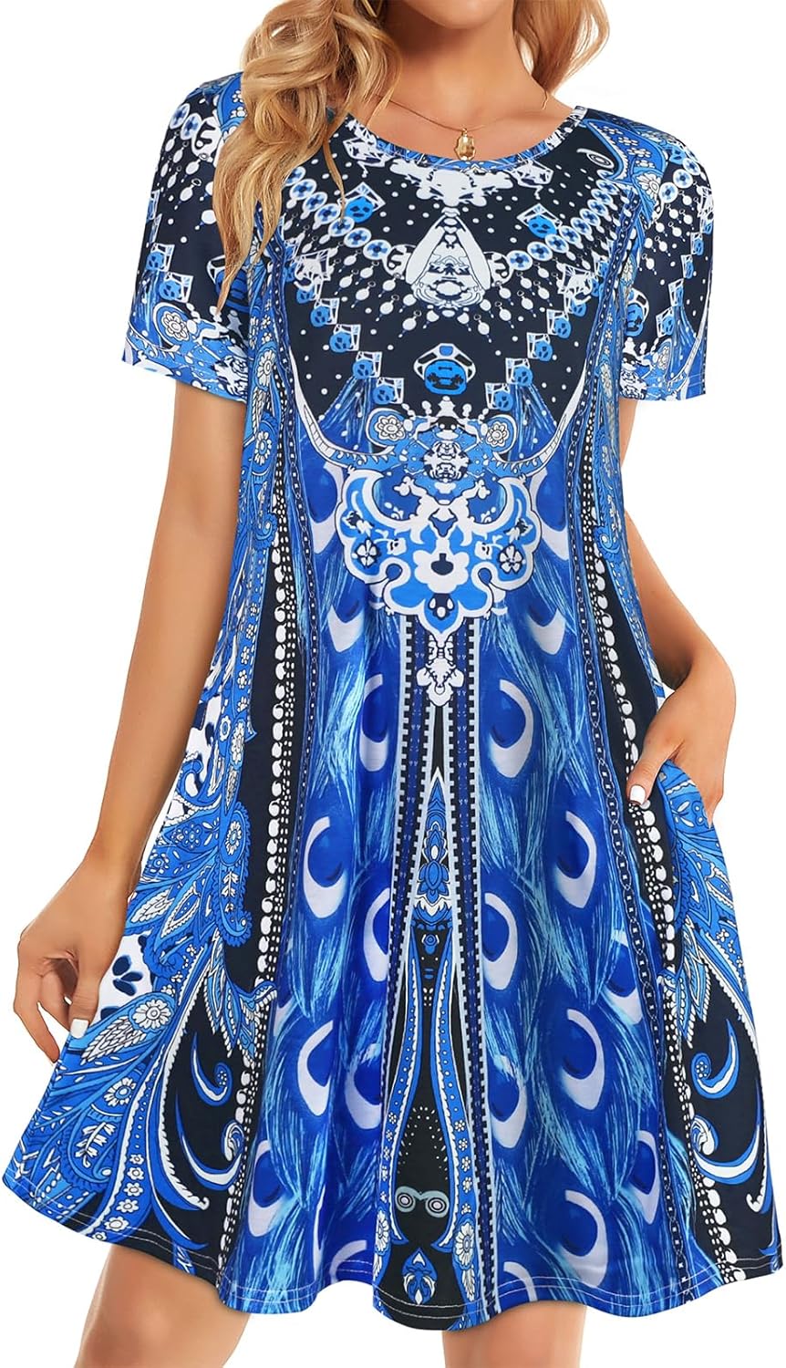 Thumbnail 6 de elescat Women’s Summer Beach Casual T-Shirt Floral Dress with Pockets (Loose Fit)