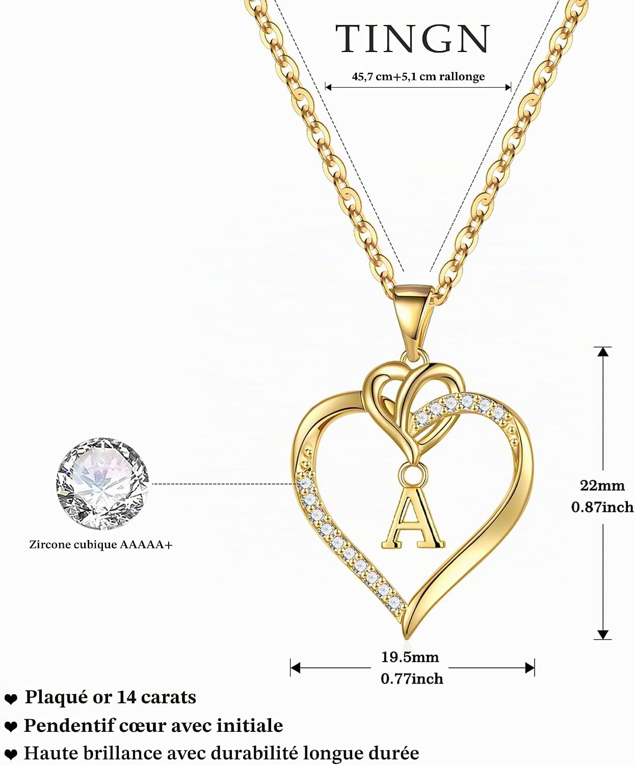 Detalle de TINGN Coeur Collier Femme – Initiales Cœur en Or Plaqué 14 Carats