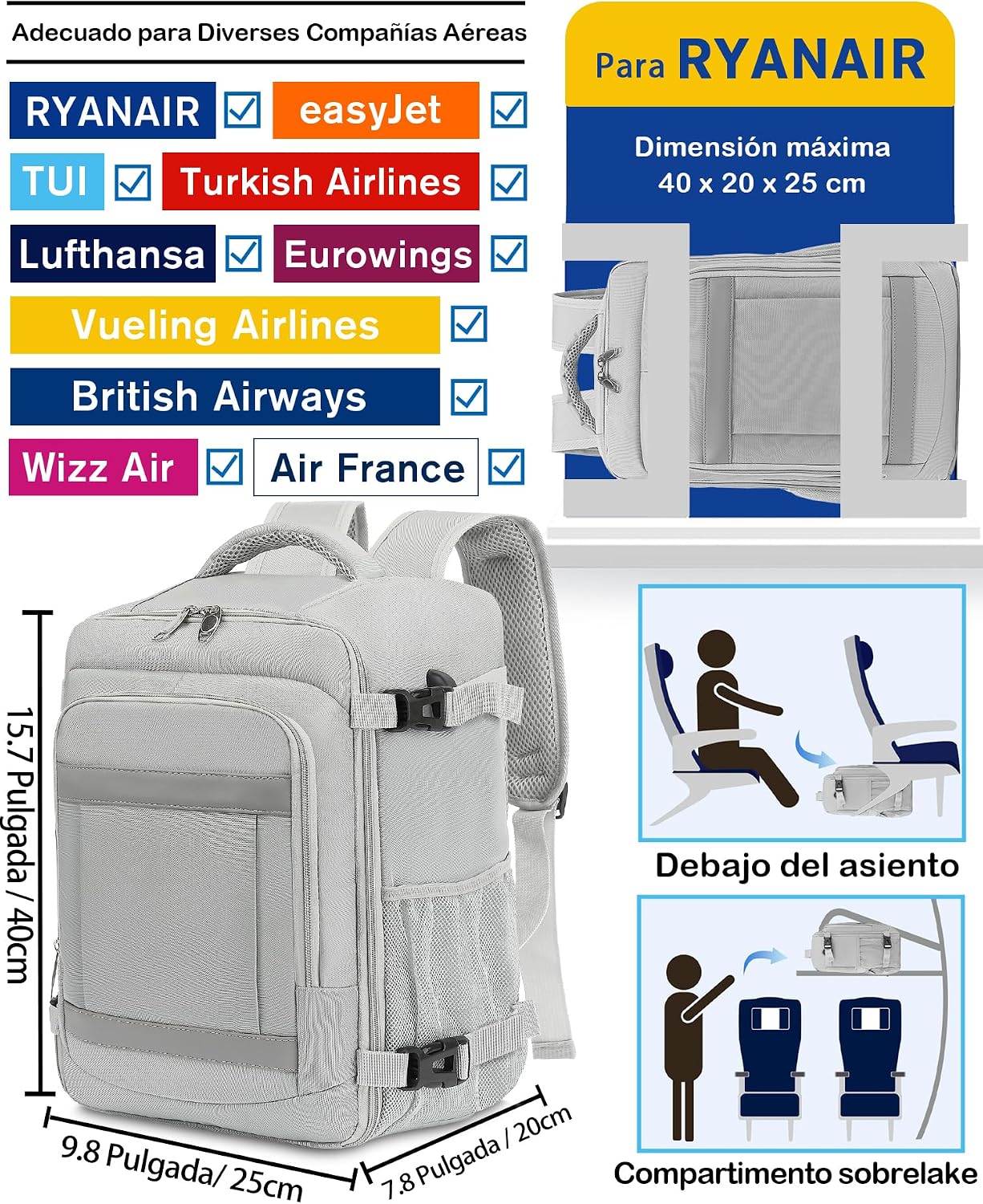 Detalle 2 de KLOSTAIN Mochila de cabina para avión 40x20x25 cm y 20L (gris claro) para portátil