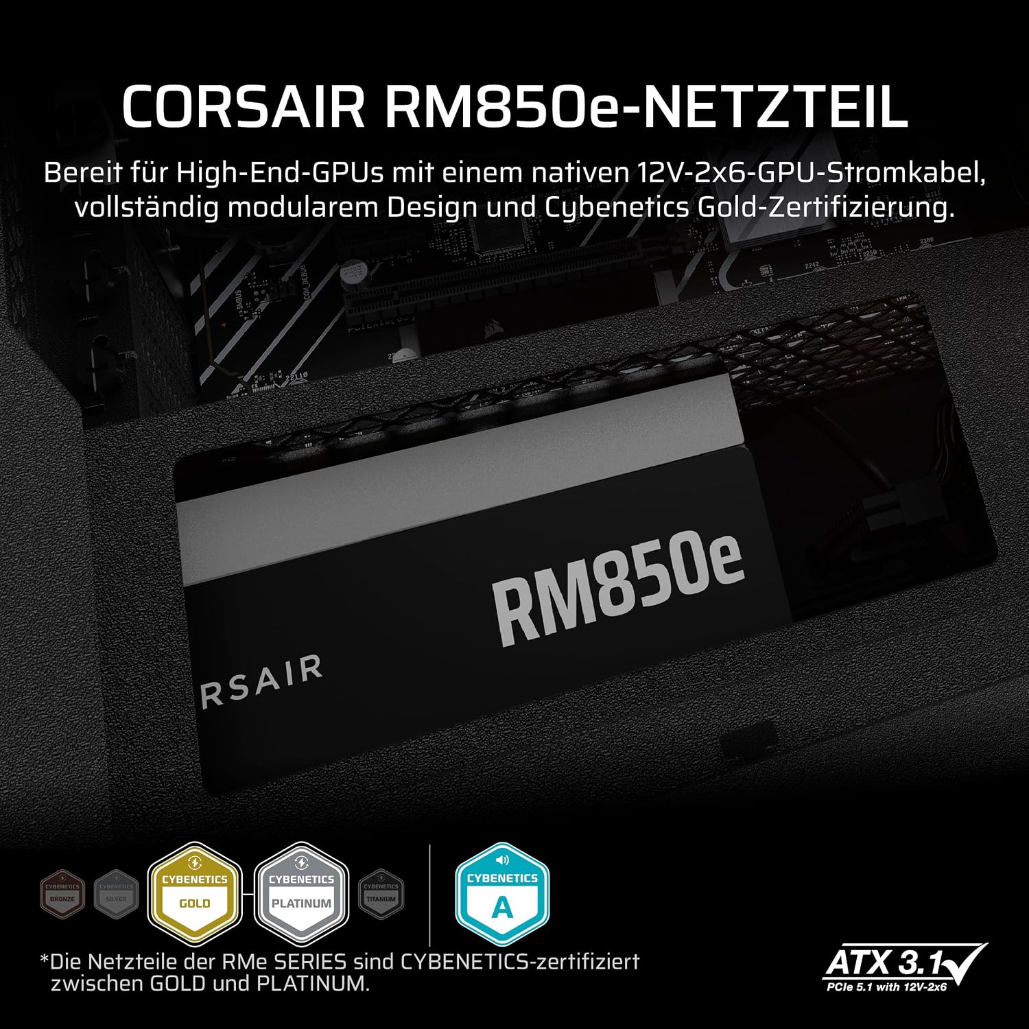 Detalle 2 de CORSAIR RM850e (2025) – Vollmodulares ATX-Netzteil mit 850 W, ATX 3.1, PCIe 5.1 und leiser Kühlung