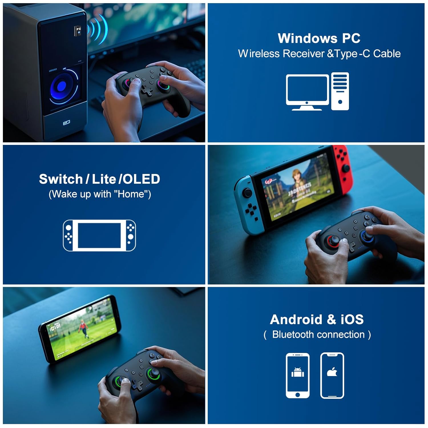 Detalle de CoguyTech PC Controller – Kabellos-Spiele-Controller mit USB/BT, Hall-Joystick und RGB-Beleuchtung