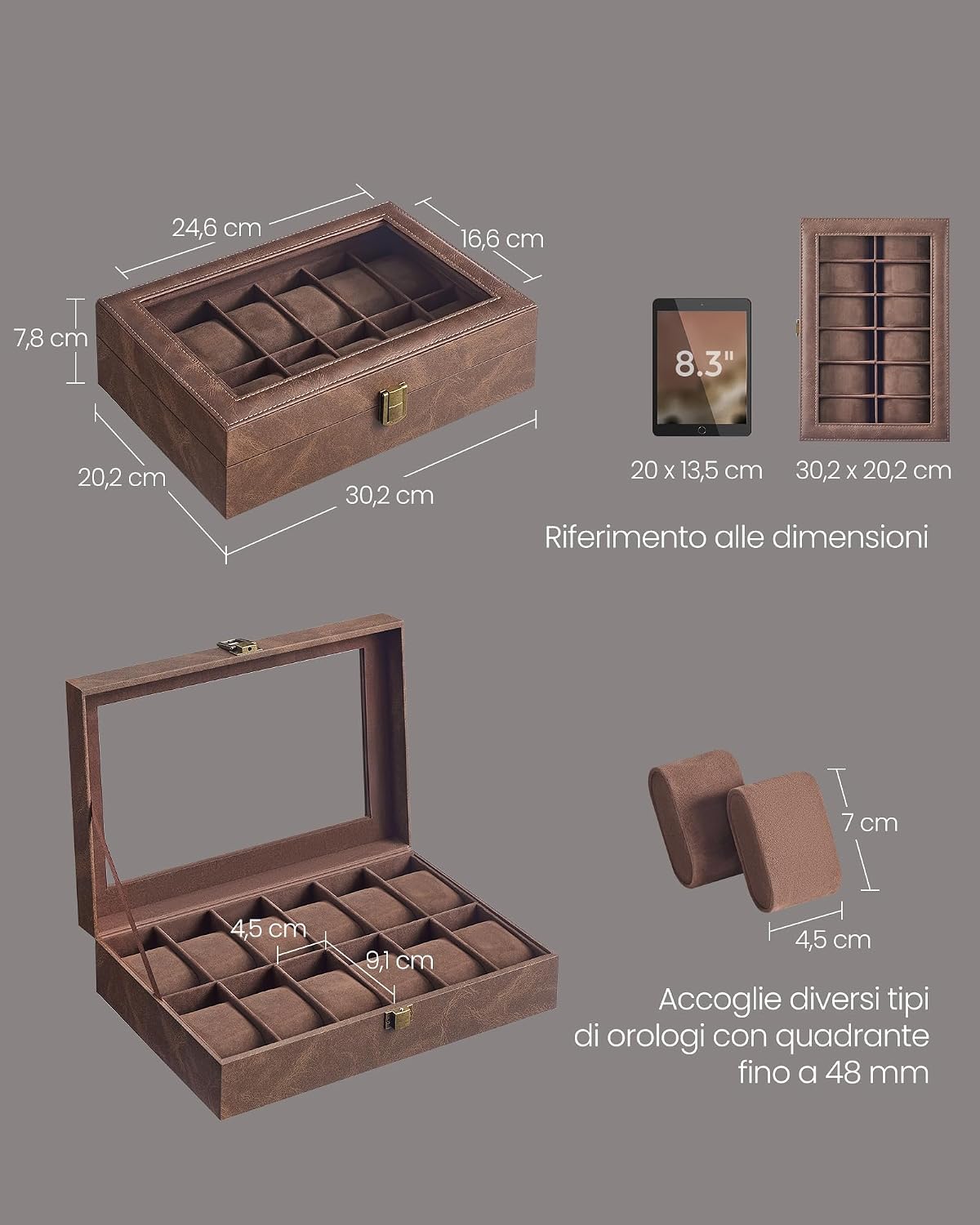 Detalle de SONGMICS Porta Orologi a 12 Posti JWB120KQ02 – Scatola portaorologi con coperchio in vetro e cuscini rimovibili