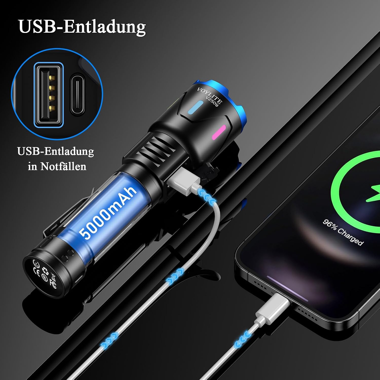 Thumbnail 4 de Voylite Taschenlampe LED Aufladbar 1.000.000 Lumen – Extreme Helligkeit, LCD-Anzeige, 3 Leuchtmodi, Zoom, IPX7