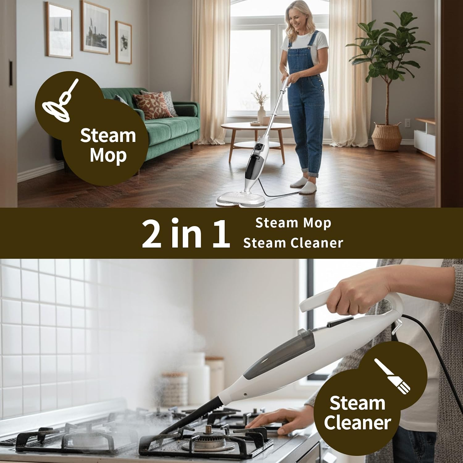 Detalle de PUREBEAR Scrub & Steam Mop, 300°F Steam, 3 Settings, 4 Reusable Pads