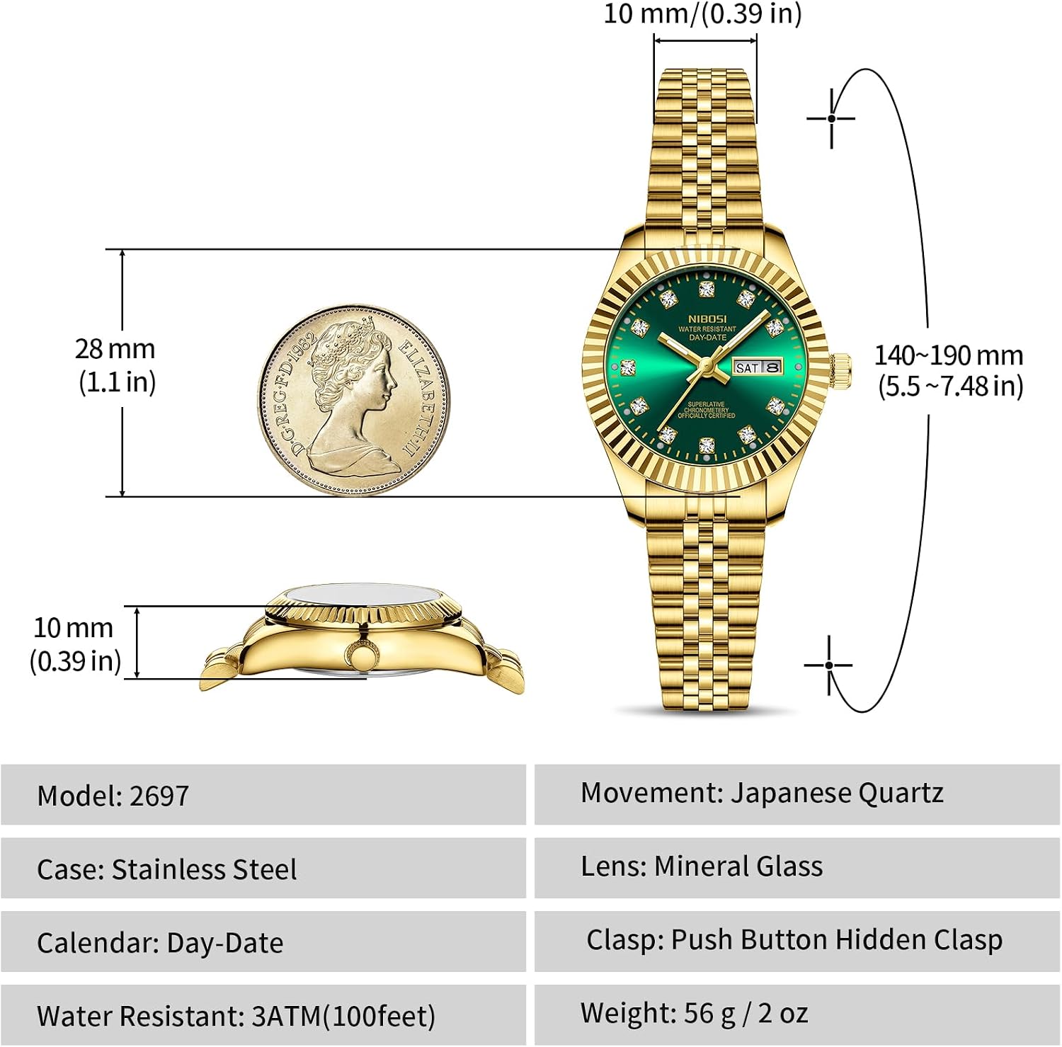 Detalle de NIBOSI Damen Analog Quarz Uhr aus Edelstahl – grünem Zifferblatt mit Datumsanzeige