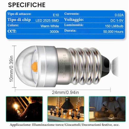 Thumbnail 2 de SOFOC E10 Lampadina Torcia LED 1-5V DC 3000K Bianco Caldo – 2 pezzi per progetti DIY