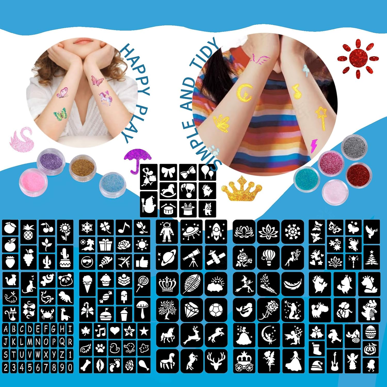Detalle de Glitzer Tattoo Set Kinder, DSYZWEE 30 Farben – Temporäre Glitzertattoos mit 147 Schablonen, 5 Pinseln, 2 Kleber, 2 Bögen Tattoos