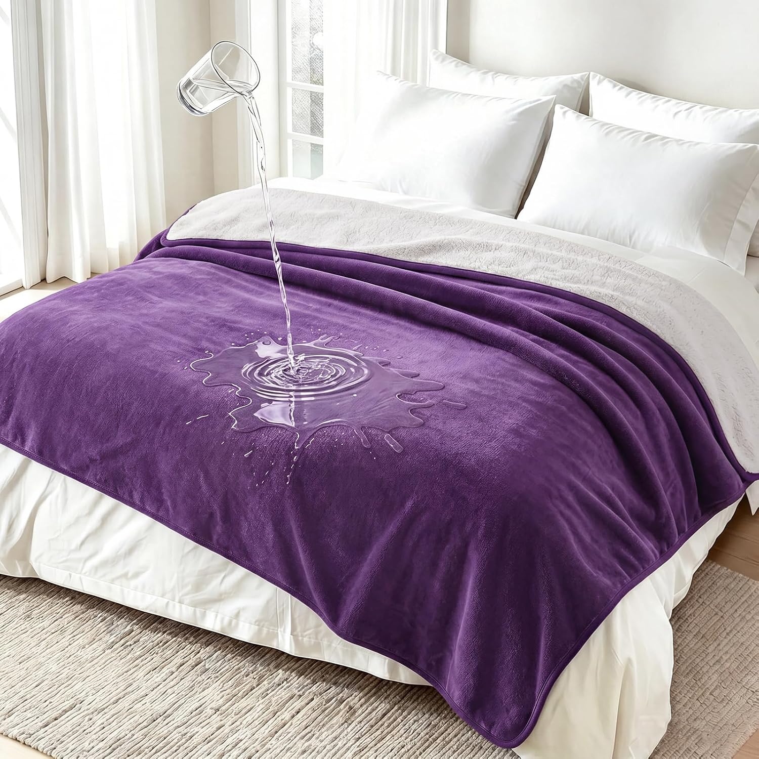 Detalle de Luciphia XL Waterproof Pet Blanket, Reversible Sherpa Fleece, Purple and White