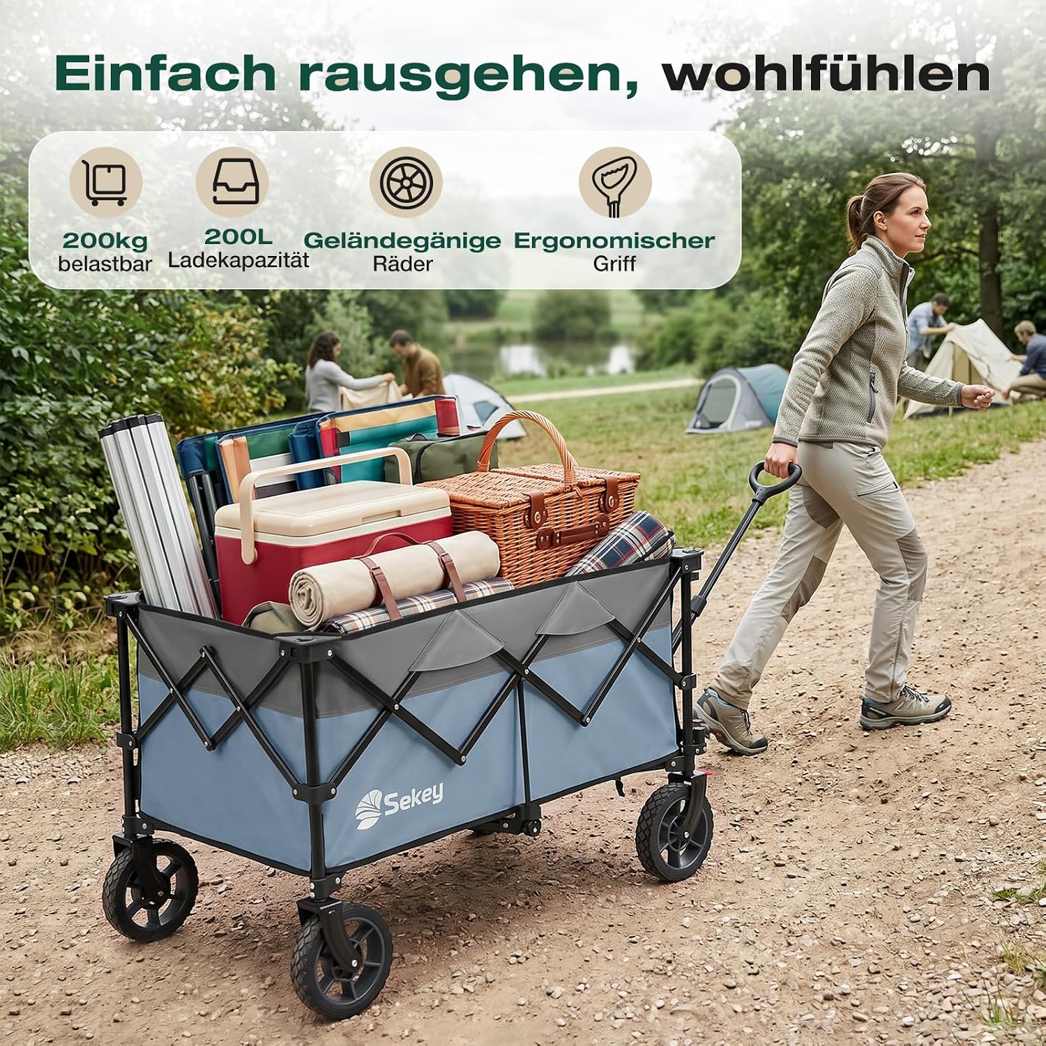 Detalle 2 de Sekey XXL Plus Bollerwagen XXL-PlusG 4010 faltbar (200 l, 200 kg) mit Bremsen – geländetauglich, blau