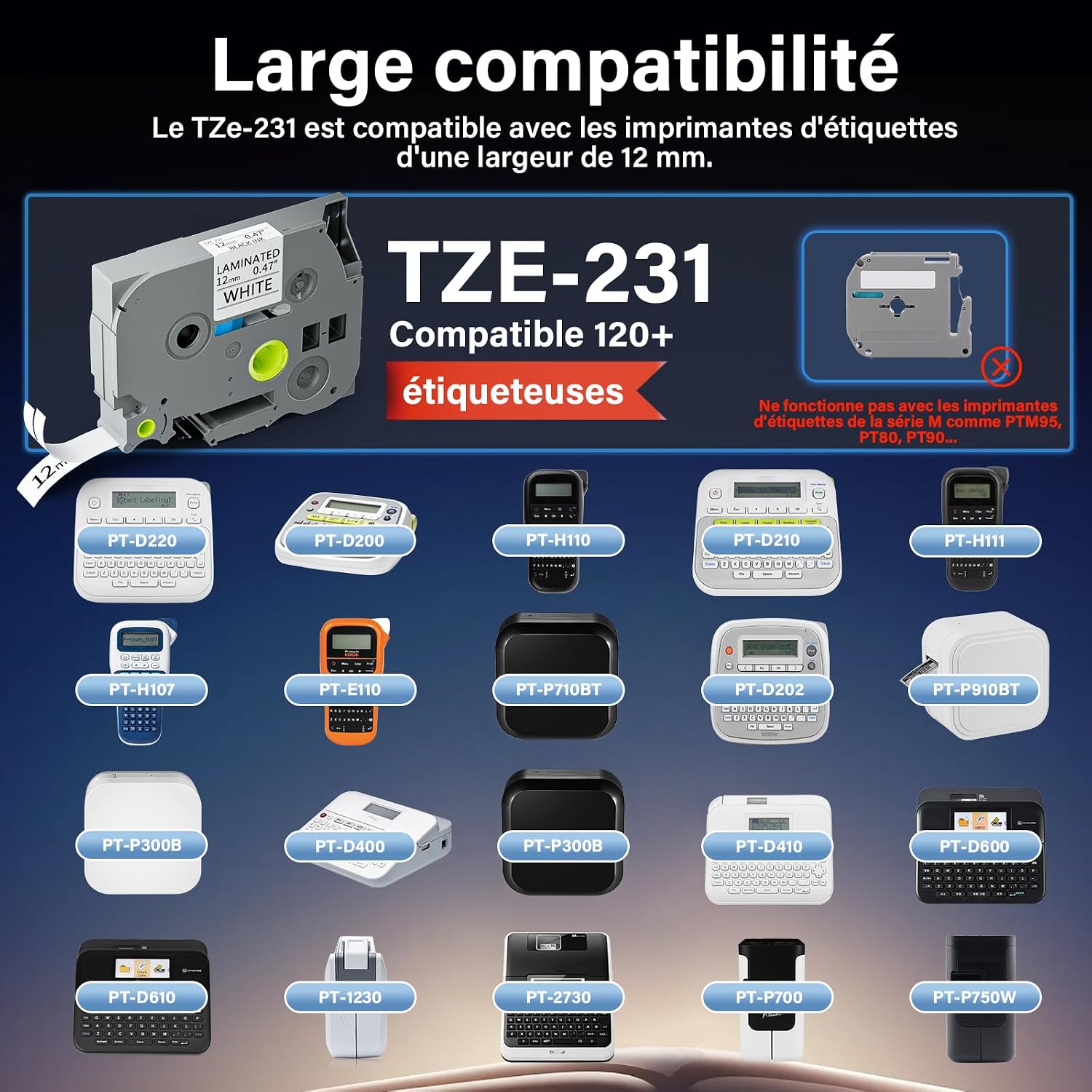 Thumbnail 1 de Ruban TZe-231 12 mm compatible PRINTORBIT pour Brother P-touch (TZe231/TZ 231/TZC231) — noir sur blanc