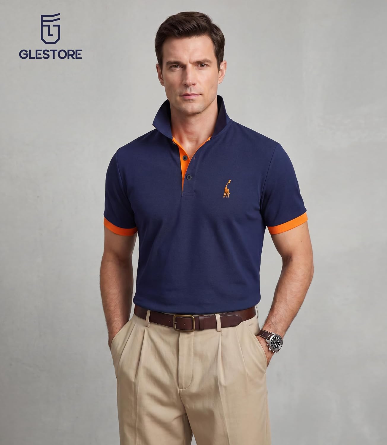 Detalle de GLESTORE Poloshirt Herren – Kurzarm, Giraffe Stickerei, vielseitiges Polo-Hemd aus Baumwolle